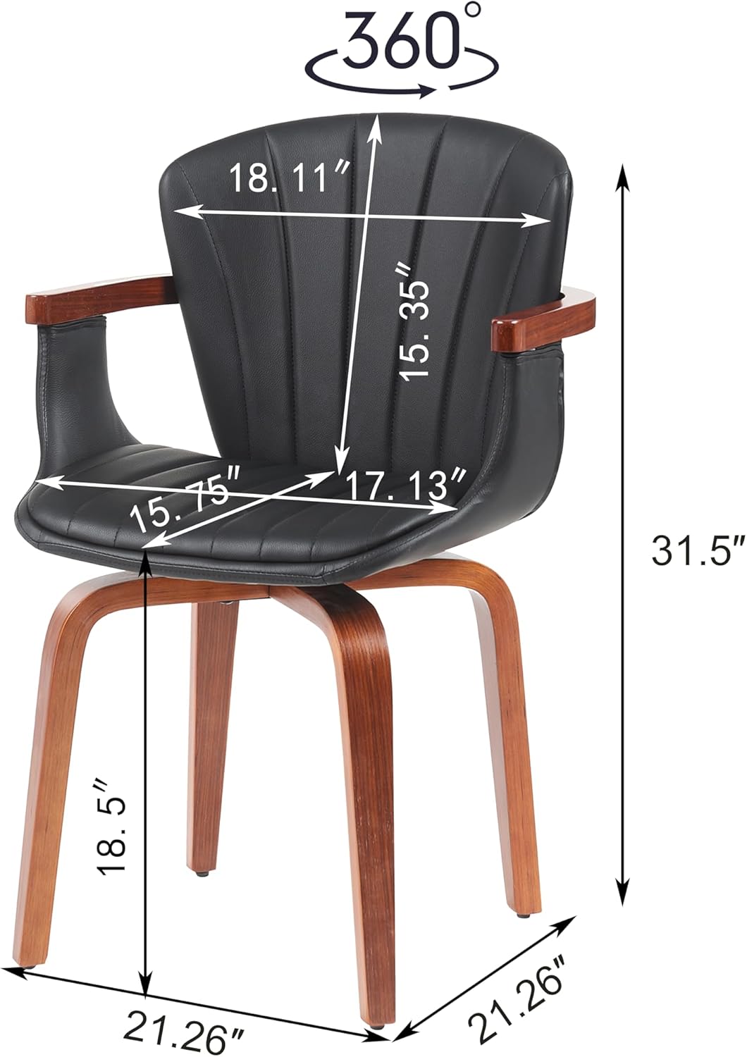 360° Swivel Dining Chairs-Set of 2,Faux Leather Upholstery,Walnut Dining Chairs for Kitchen/Living Room (Black)