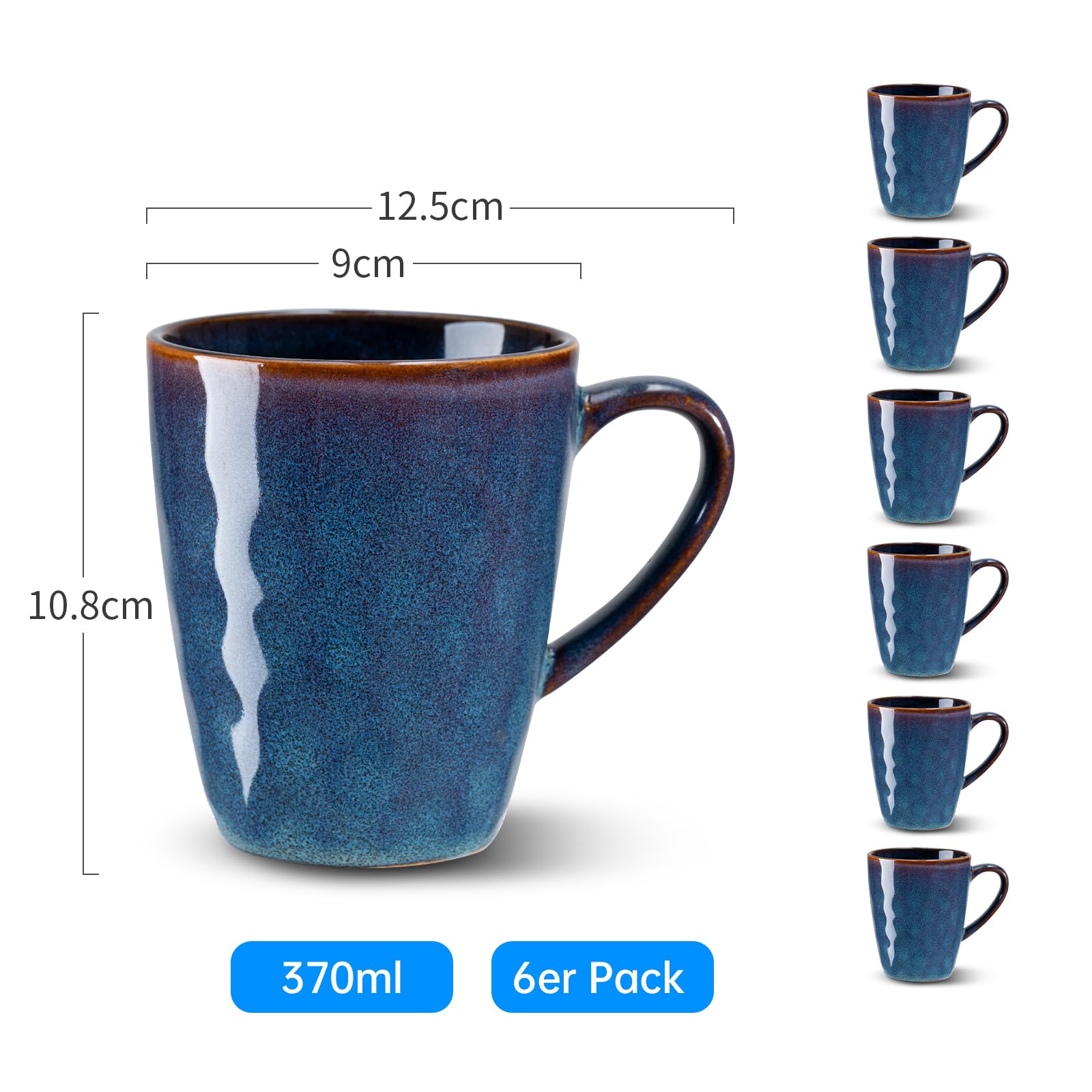 Kaffeebecher Set 6 Stück Tassen Set 370ml Kaffeetassen Porzellan mit Henkel, Teetasse Groß Milchkaffeetasse Kaffeepott für Espresso Cappuccino Keramiktasse in Mitternachtsblau