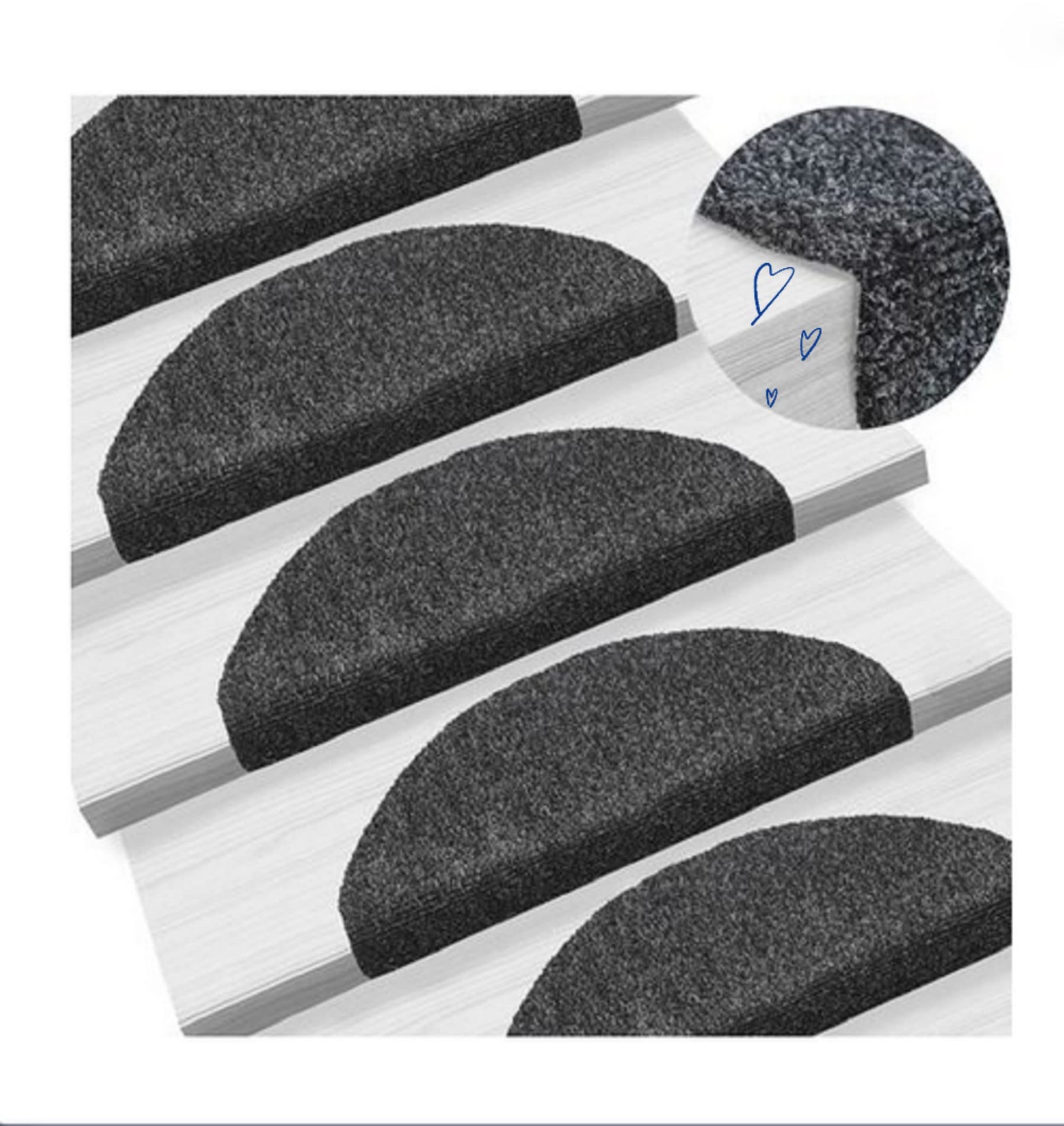 KEVO Set de 15 marchettes d'escalier Surface Confortable et antidérapante,Tapis d'escalier - Protection d'escalier Semi-Circulaire, antidérapant et - Tapis pour marches,65 * 21 * 4cm (Noir)
