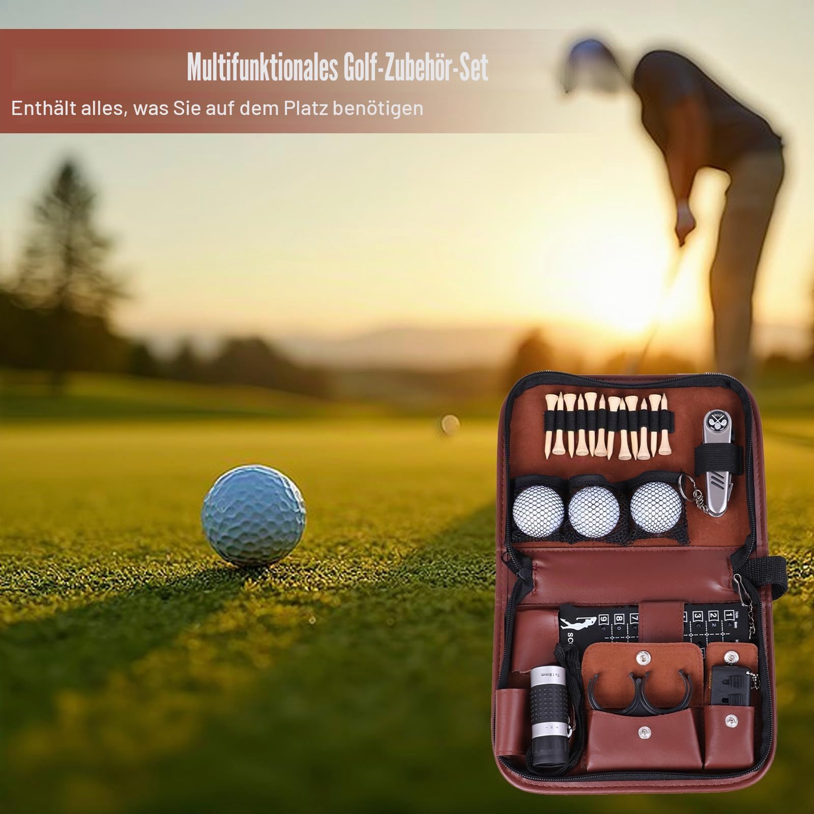 Golf Zubehör Set, Taschen Außen Sport Golfer Leder Golf Organizer, Golfzubehör Für Anfänger Geeignet, Multifunktions Golf Accessoires Kit mit Golfball