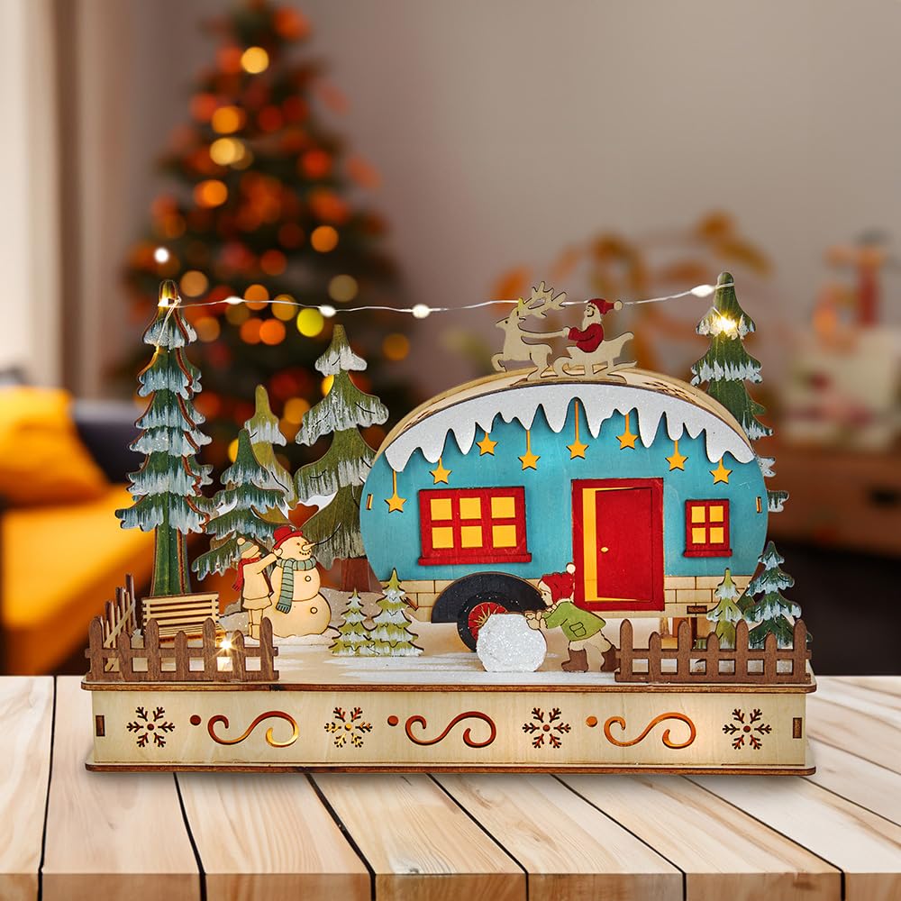Kurt S. Adler Batteriebetriebener Camper aus Holz mit Weihnachtsmann Tischstück, Mehrfarbig, 7.5-Inch