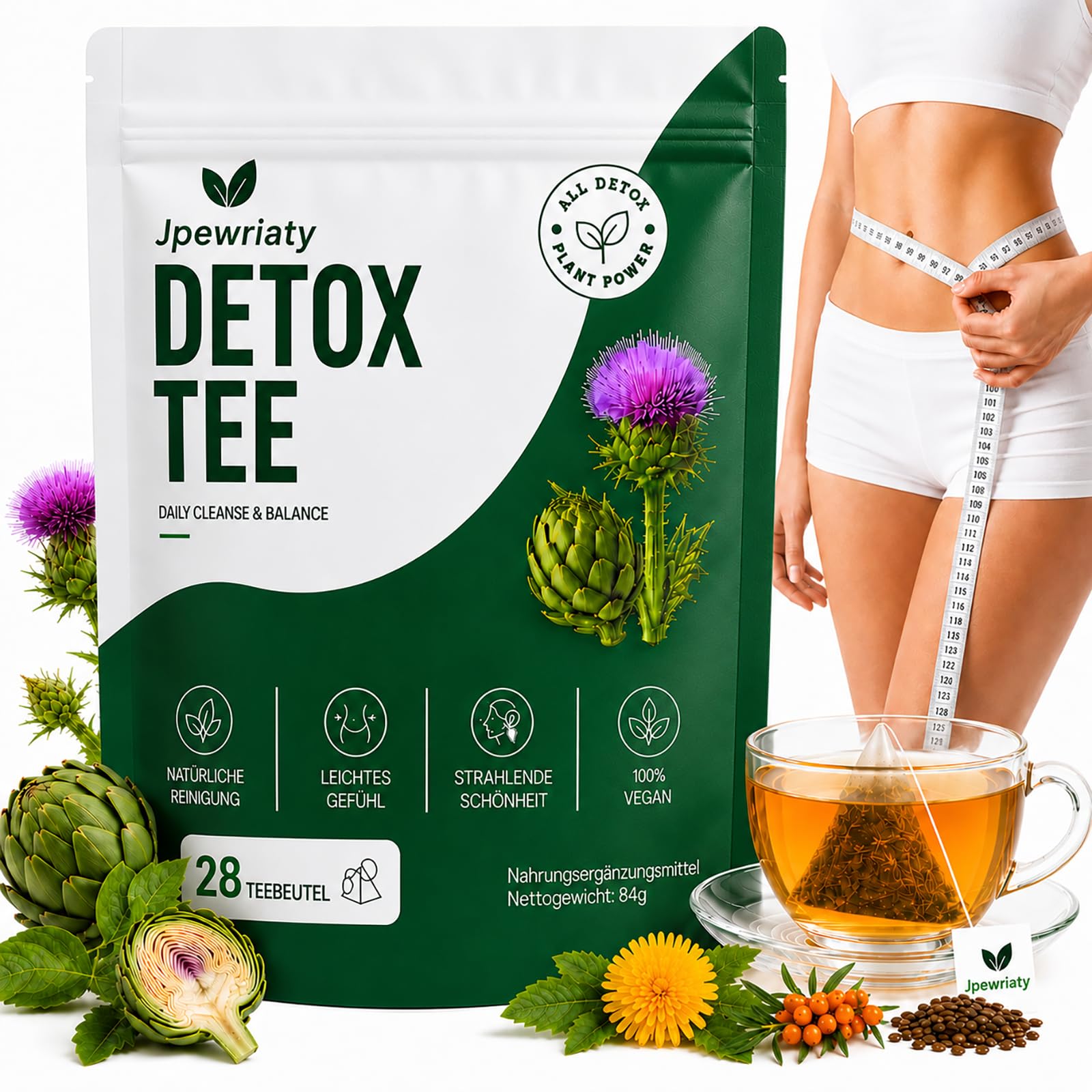 Detox Tee zum Abnehmen, 28 Teebeutel Kräutertee Detox Kur mit Mariendistel, Löwenzahn, Artischocke, Grüner Tee, Moringa & Kurkuma, Entgiftung Tee für Stoffwechsel, Leber-, und tägliches Wohlbefinden