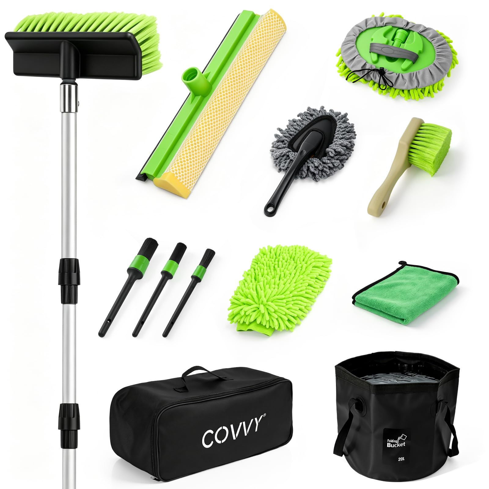 Cepillo extensible de lavado de coche alimentado por agua, mango largo, kit de limpieza de coche de 12 piezas con cepillo de cerdas suaves, fregona y guante de microfibra, limpiador de ventanas