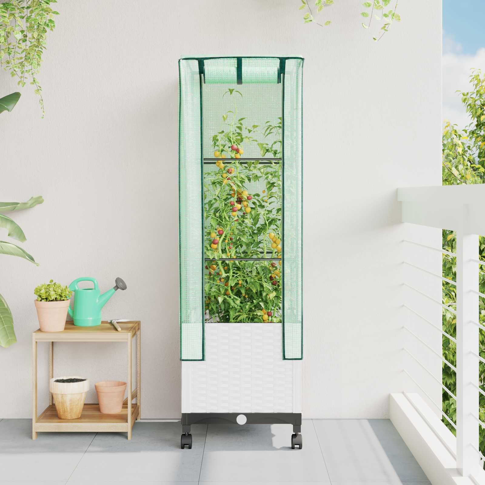 Gartenpflanzer mit Gewächshausabdeckung und Rädern Weiß PP 40x40x145 cm wetterfest für Balkon Terrasse Garten Indoor Outdoor Pflanzenpflege