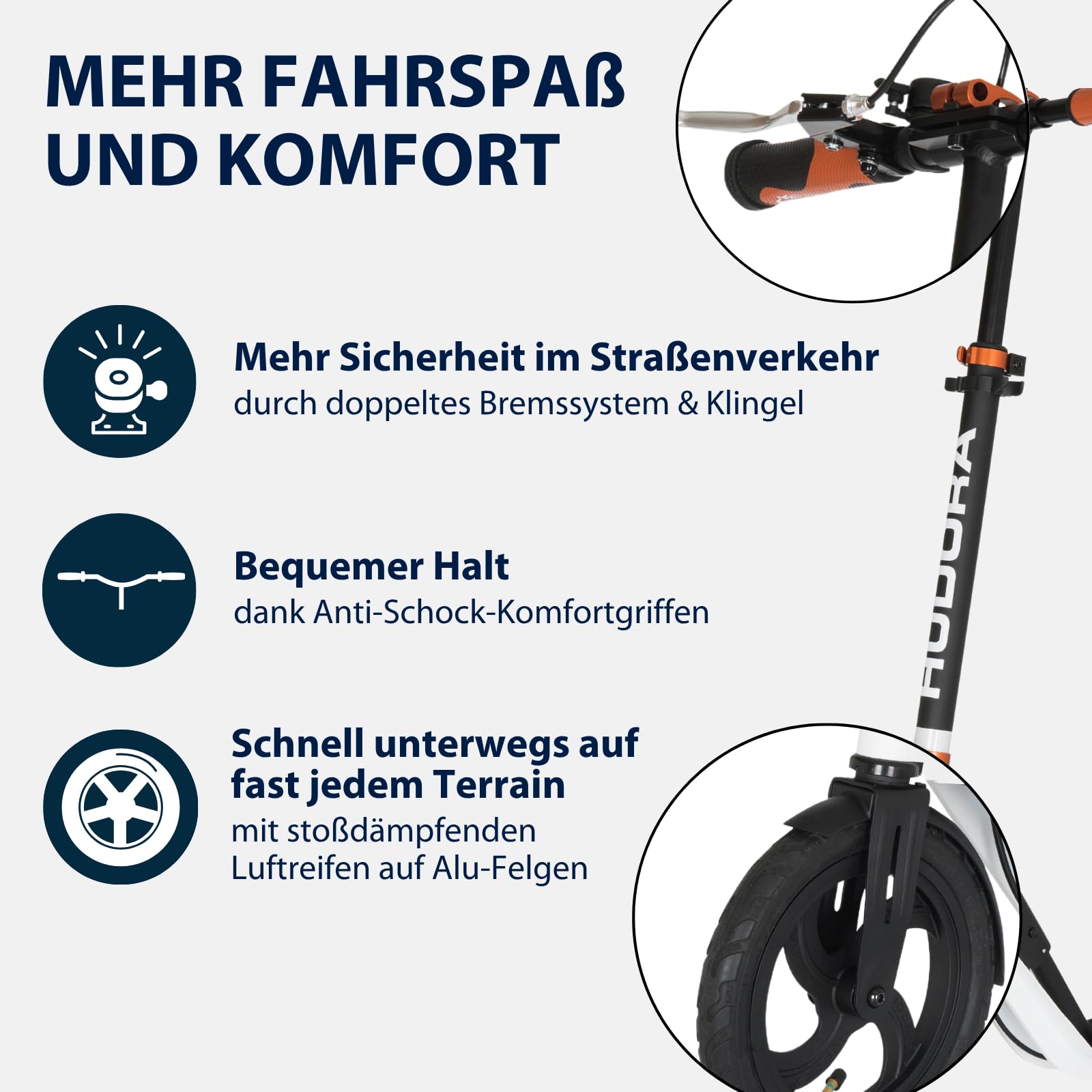 HUDORA BigWheel Air 230 Scooter - Tretroller mit/ohne Handbremse - Stabiler Aluminium-Roller mit Luftbereifung - Höhenverstellbarer Cityroller für bis zu 120kg