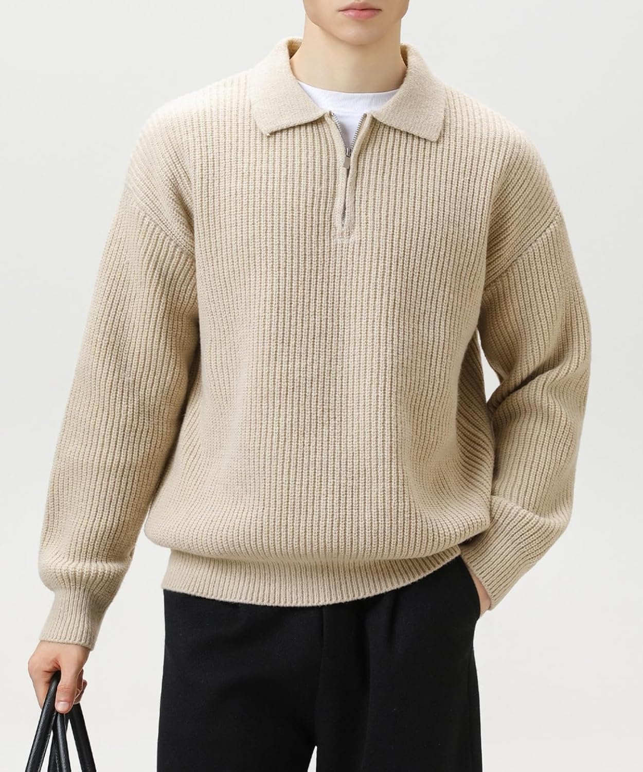 POHADON Men Quarter Zip Up Collared Neck Sweater Vintage Aesthetic Chunky Grandpa Grunge Clothes Fall Winter Korean Fashion - Image 3