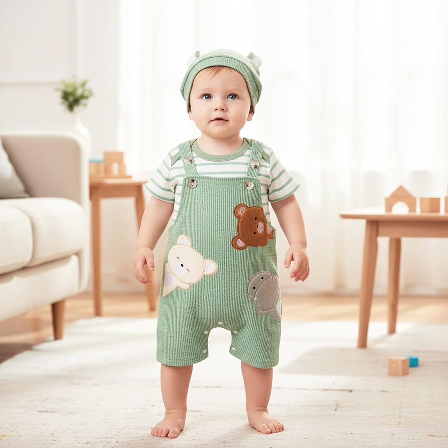 Baby Boy Clothes Newborn Striped Romper Infant Bear Suspender Overall Cute Hat 3Pcs Set Summer Outfits 0-18 Months