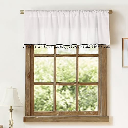 Cenefas de cocina blancas de lino sintético con borlas, modernas cortinas de cenefa de granja, decoración rústica para baño, decoración bohemia (54