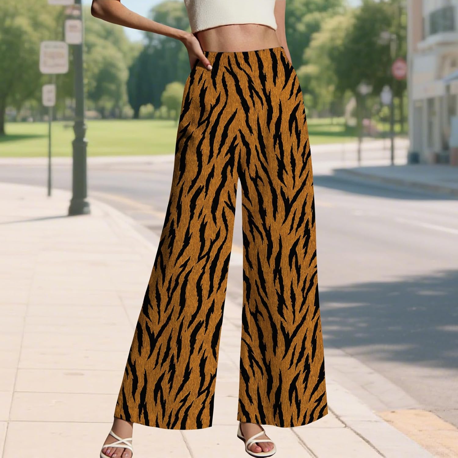 LIZALIG Women's Leopard Print Pants High Waist Wide Leg Trousers with Elastic Waistband Casual Loose Fit Pockets - Image 2