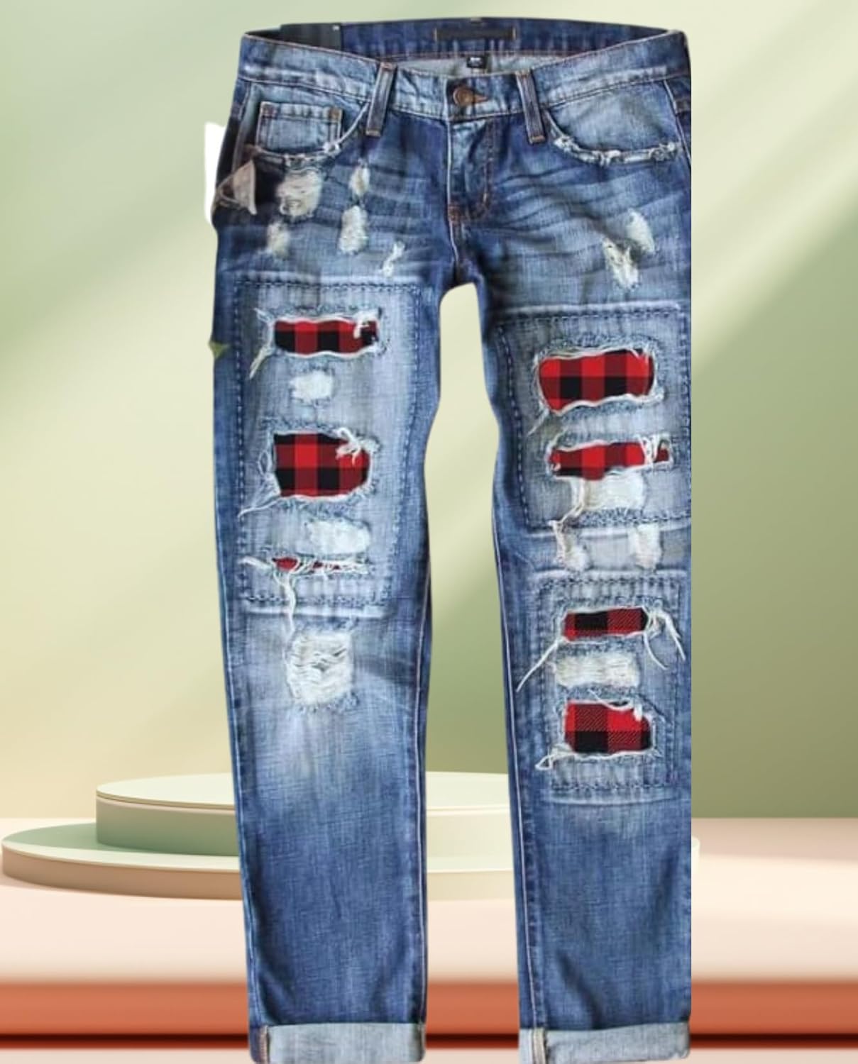 Women's Skinny Ripped Jeans - Mid-Rise Stretch Denim with Destroyed Holes & Retro Plaid Patch Design​