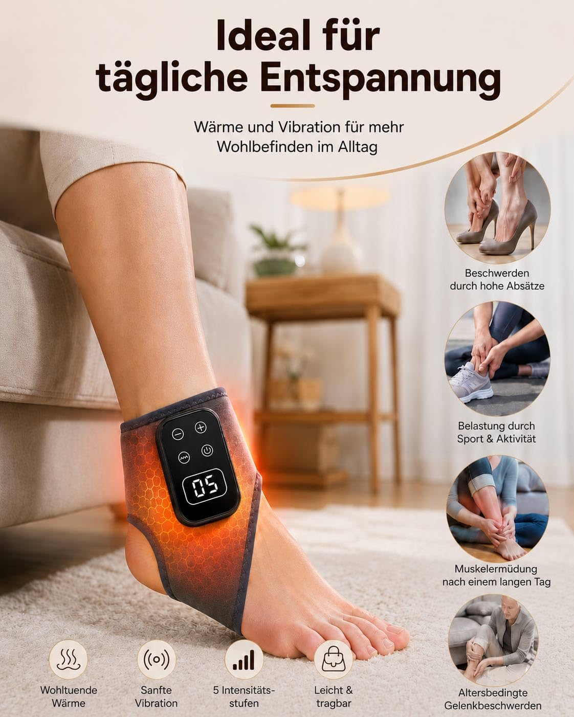 3-in-1 Fussmassagegerät mit Wärme, Kabellos Fußmassagegerät für Schmerzlinderung & Durchblutung, 5 Vibrationsmodi & 5 Heizstufen, USB-C Wiederaufladbares, Ideal für Zuhause, Büro und Sportler, 2 Stück