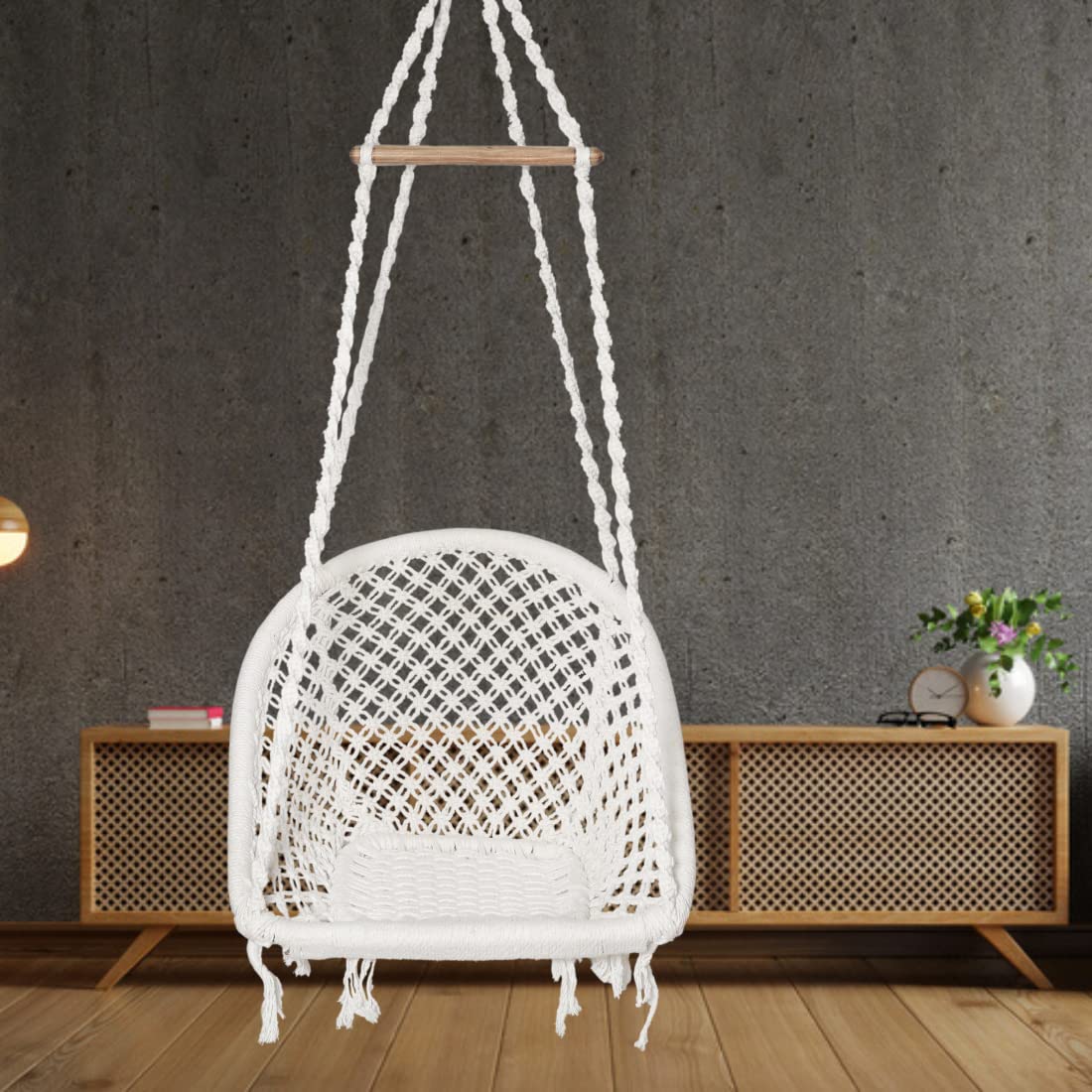Swing for Adults/Jhula for Adults/Wooden Swing for Living Room/Swing for Balcony/Swing Chair/Swing for Adults for Home/Cotton D Shape Hammock Hanging Swing (White) by Patiofy-image-39