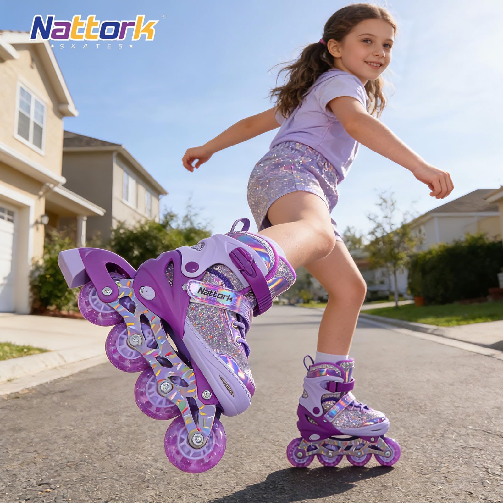 Nattork Patins à roulettes réglables en ligne pour enfants - 4 tailles - Pour l'intérieur et l'extérieur