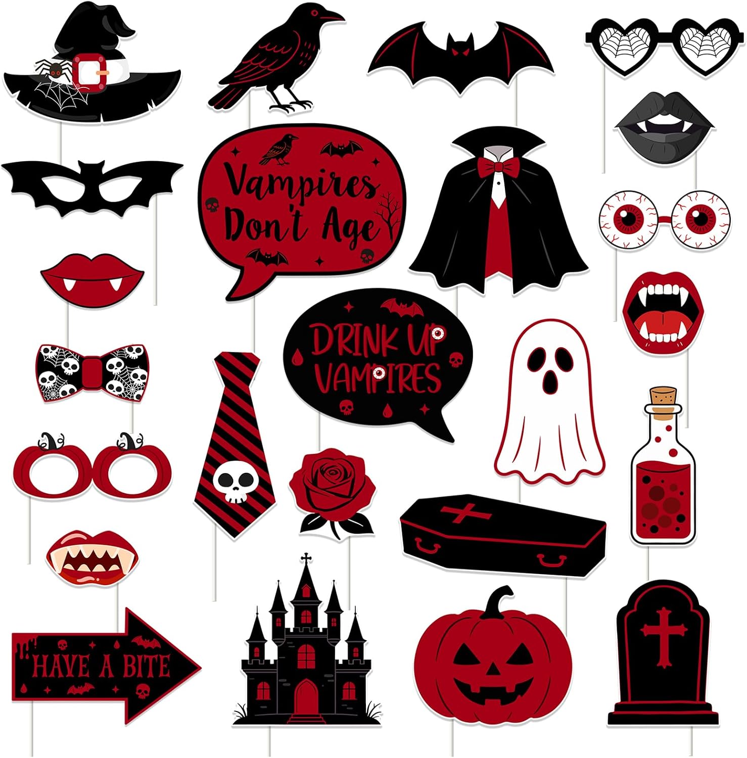 24Pcs Red Black Vampires Don't Age Photo Booth Props | Halloween Birthday Party Decor Adult Gothic Vampire Celebration Photo Background Supplies with 24 Sticks and 50 Adhesive Dots