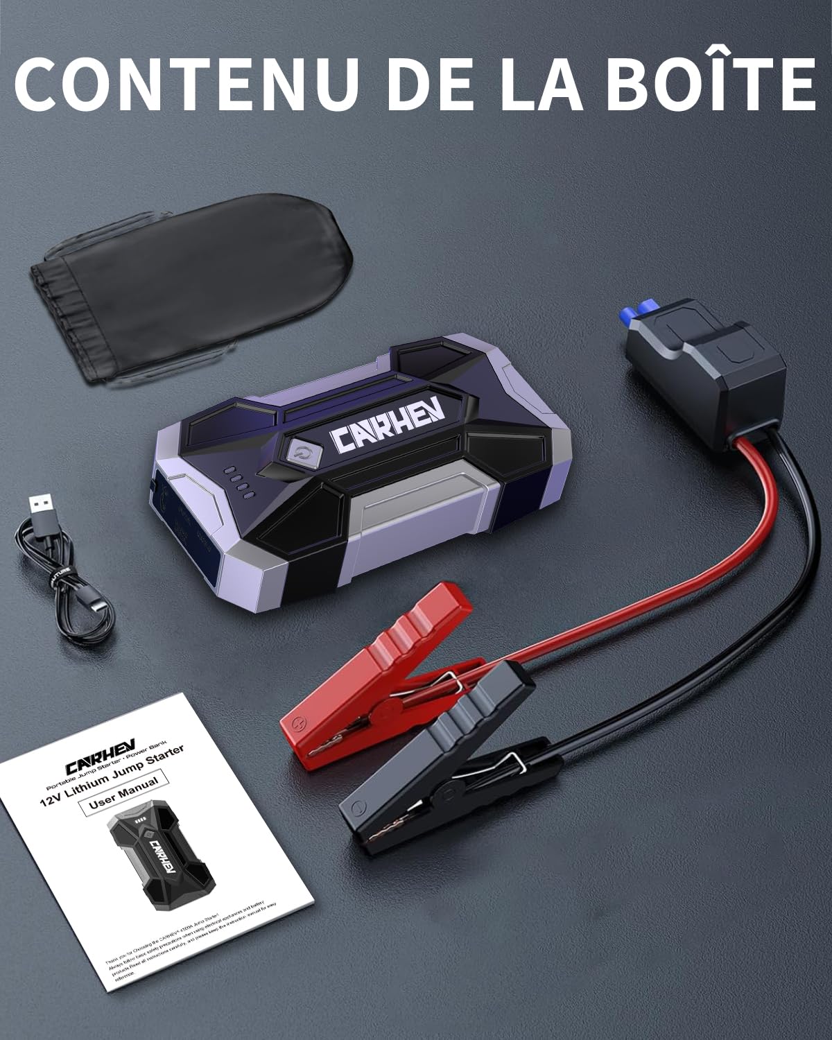 CARHEV Booster Batterie Voiture 4500A, 12V Démarreur de Batterie de Voiture (Jusqu'à 8.0L Essence ou 8.0L Diesel), Booster Batterie Moto, Car Jump Starter avec Pinces Intelligentes et lumière LED