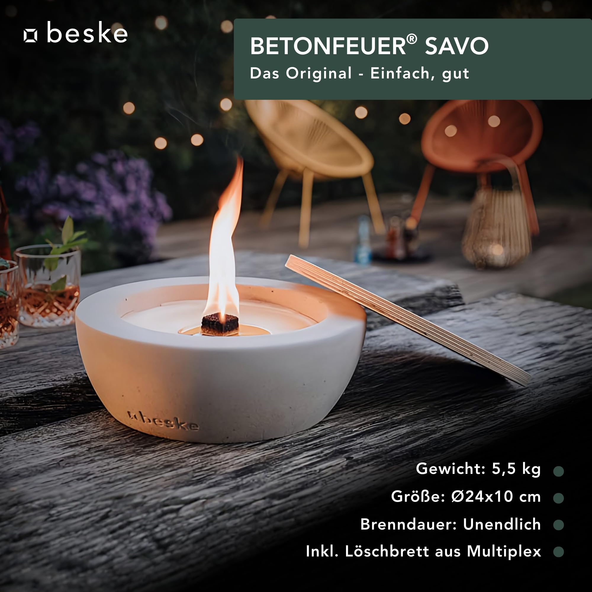 Das Original der Beske-Manufaktur | Modell 'SAVO' | Ø25cm mit Dauerdocht | Wiederbefüllbare Fackel | Unendliche Brenndauer | Recycling von Kerzenwachs | Tischfeuer Fackel