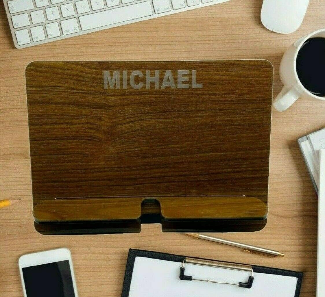 MIRROR MANIA Wood Tone Acrylic Tablet Ipad Holder Stand Custom Desktop Organizer Personalized Free Engraved Made to Order, Features Crafted Designed Space for Charging Cord