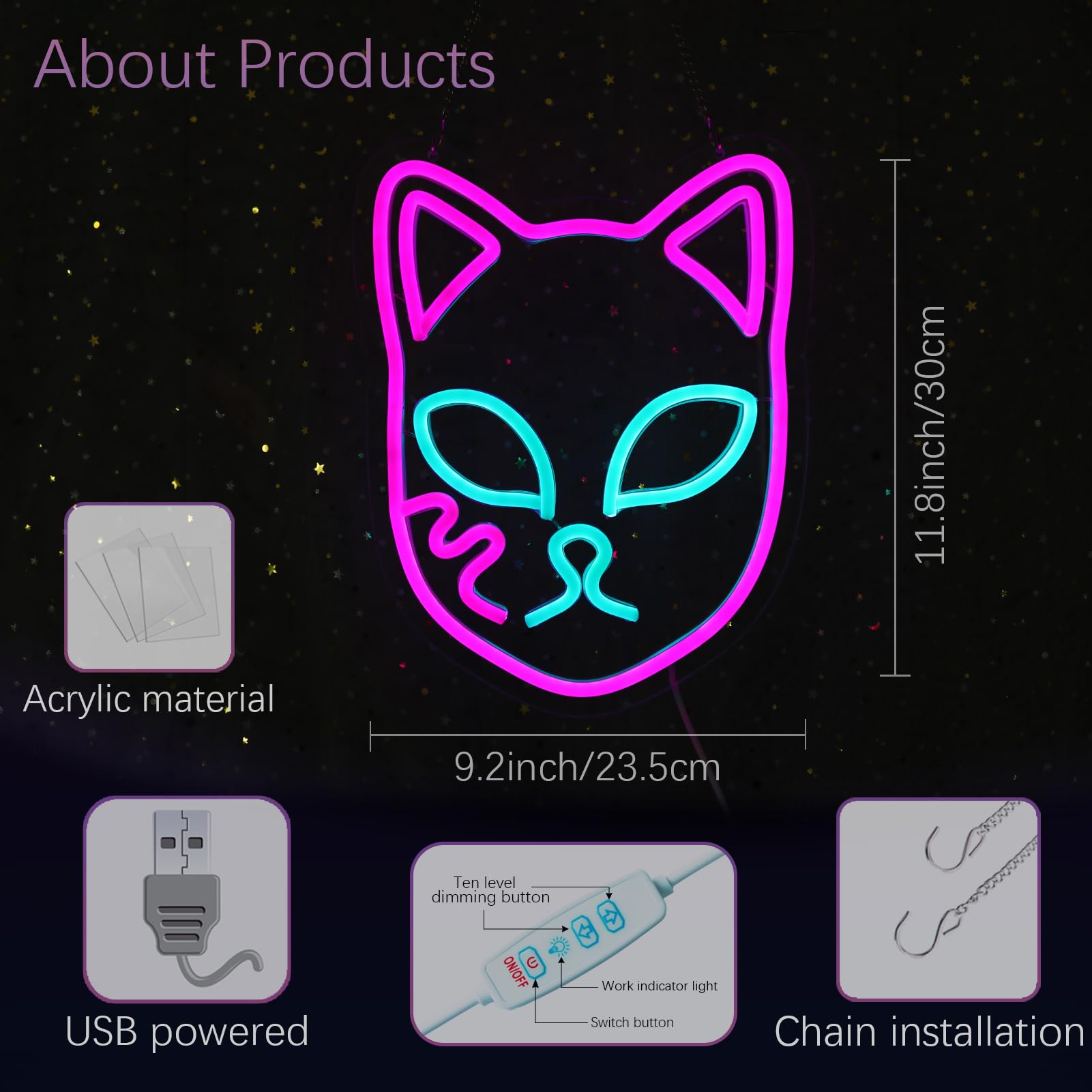 Demon Fox Face Neon Sign, Japanese Anime Slayer Neon Light for Wall Decor, Bedroom, Game Room, Birthday Party, Dimmable, USB Powered, Pink, Ice Blue(11.8