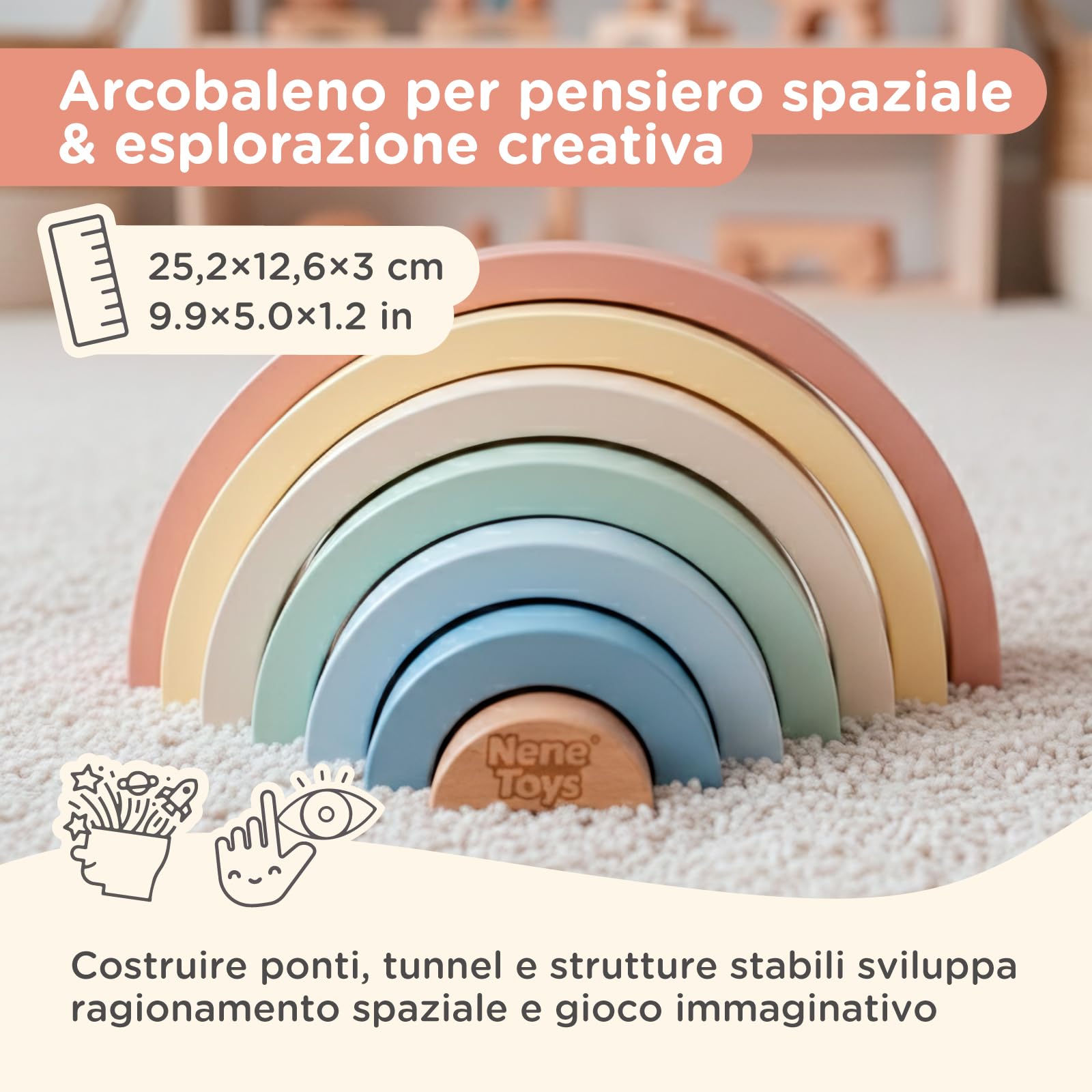 Nene Toys Giocattolo Montessori in Legno 3-in-1 per Bambini 1 Anno – Arcobaleno in Legno, Torre da Impilare & Gioco di Incastro – Gioco Educativo 1–3 Anni – Idea Regalo Bimba Bimbo – Colori Pastello