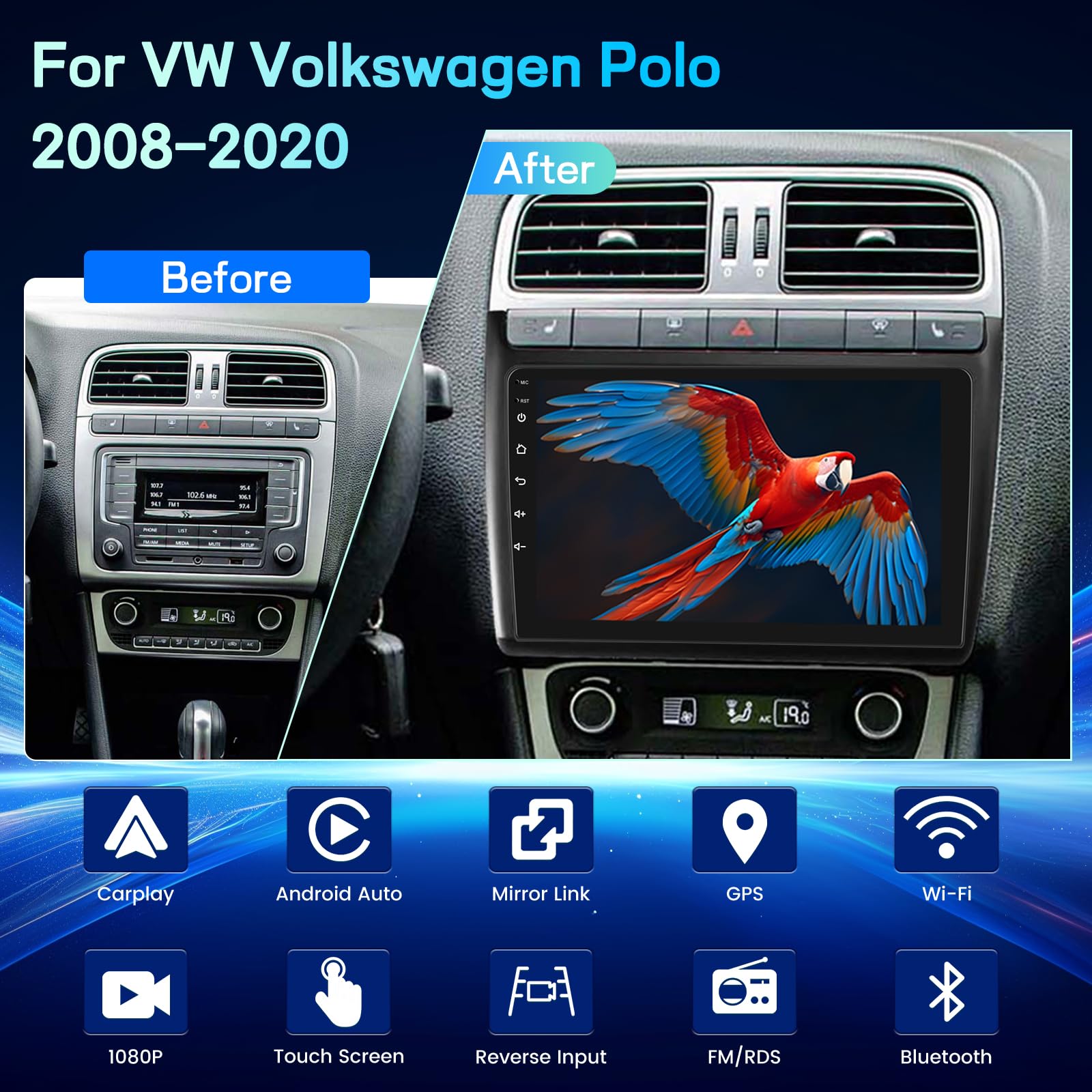 Android Autoradio für Volkswagen VW Polo 2008–2020, 9-Zoll Touchscreen Display 2+64G, Wireless CarPlay Android Auto, GPS WiFi, DSP, FM RDS Radio, Bluetooth, USB + Rückfahrkamera