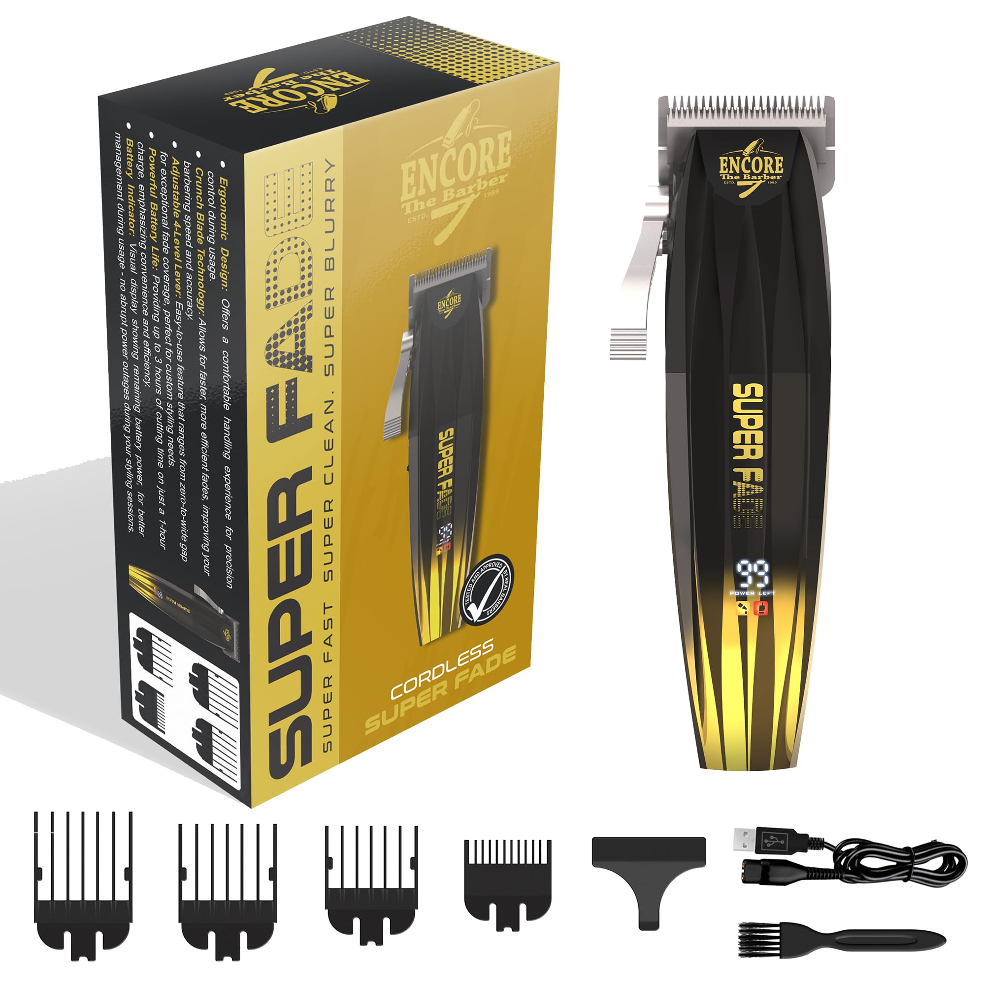 Tagliacapelli professionale super dissolvenza per barbieri veloce pulizia sfocata | leva a quattro clic | silenzioso | ricaricabile senza fili | batteria ad alta coppia di potenza oltre 90 minuti di
