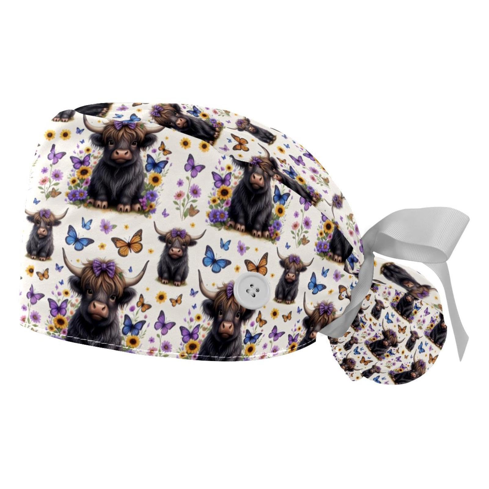 2 PCS Bouffant Cap with Button Ponytail Pouch Working Cap Sweatband Adjustable Surgical Cap Black and White Cow