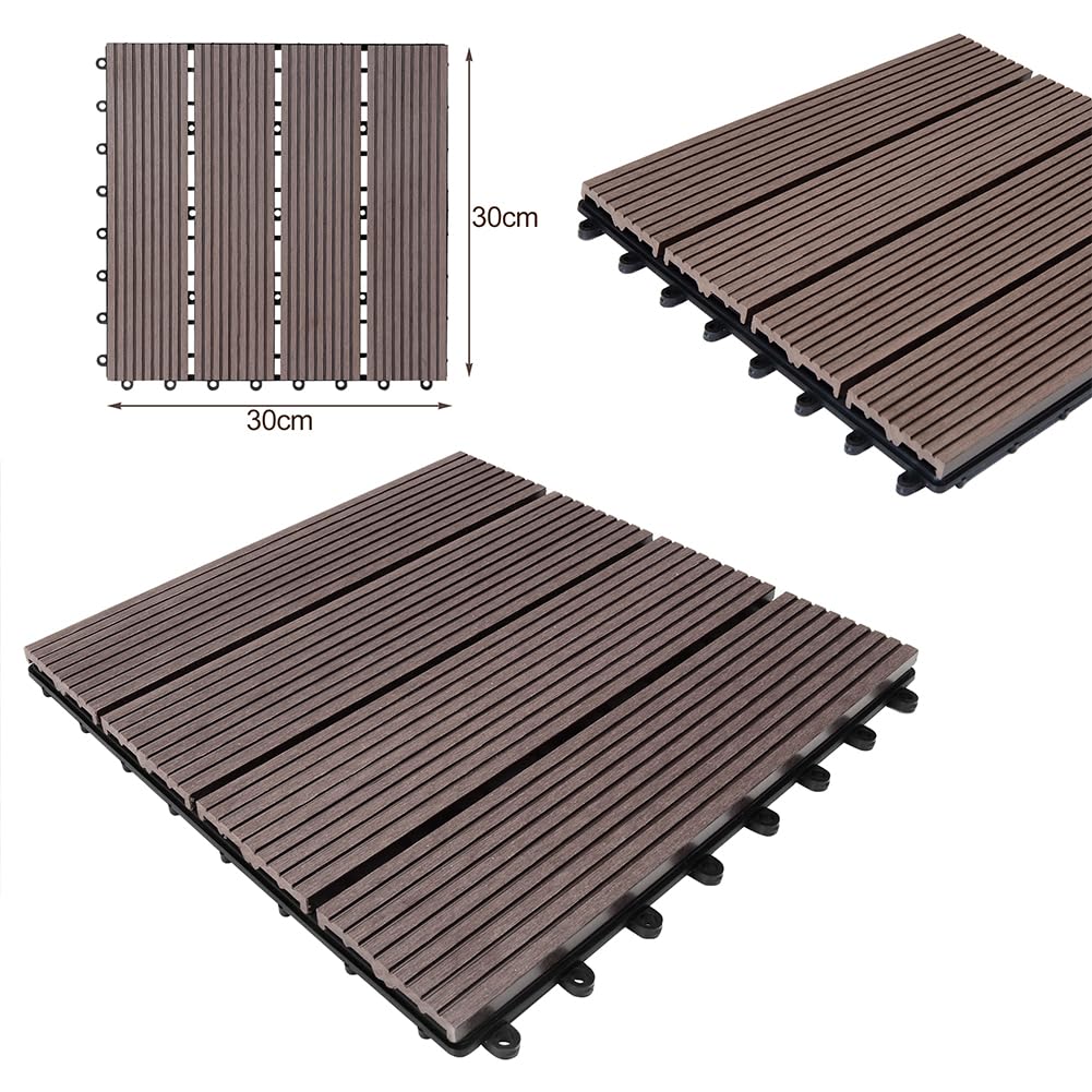 BAKAJI Set 11 Pezzi Piastrelle in WPC da Giardino con Sistema di Drenaggio Acqua, Pavimento Piastrella Resistente Agli Agenti Atmosferici Ideale per Esterno, Patio, Balcone, Terrazzo (Tortora)