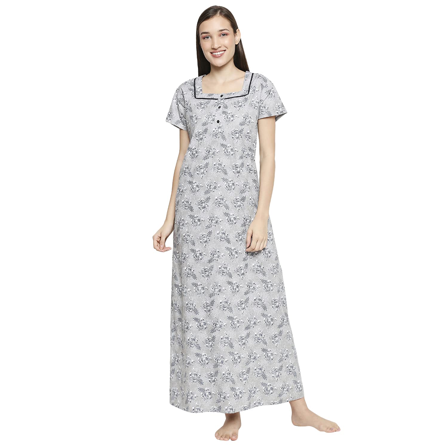 Cotton Short Sleeves Square Neck A Line Nighty for Women (Floral Printed Night Suit for Women)