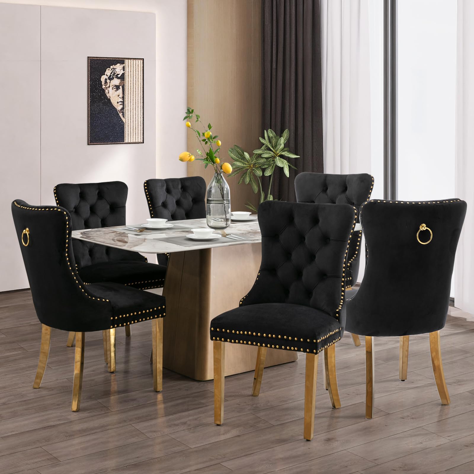 JETEAGO Velvet Dining Chair Set of 6, Upholstered Tufted Dining Room Chair with Nailhead Trim and Stainless Steel Gold Plated Leg for Kitchen, Black