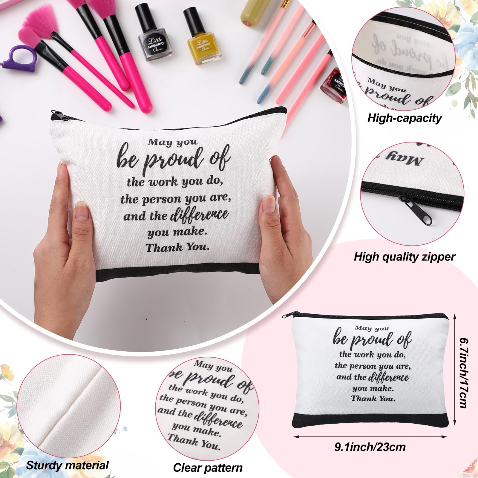 Suttmin 18 Pcs Employee Appreciation Stainless Steel Tumbler 20 oz with Makeup Cosmetic Bags Keychains Thank You Gifts Sets Bulk for Teachers Inspirational Gifts for Coworkers (White,Simple)