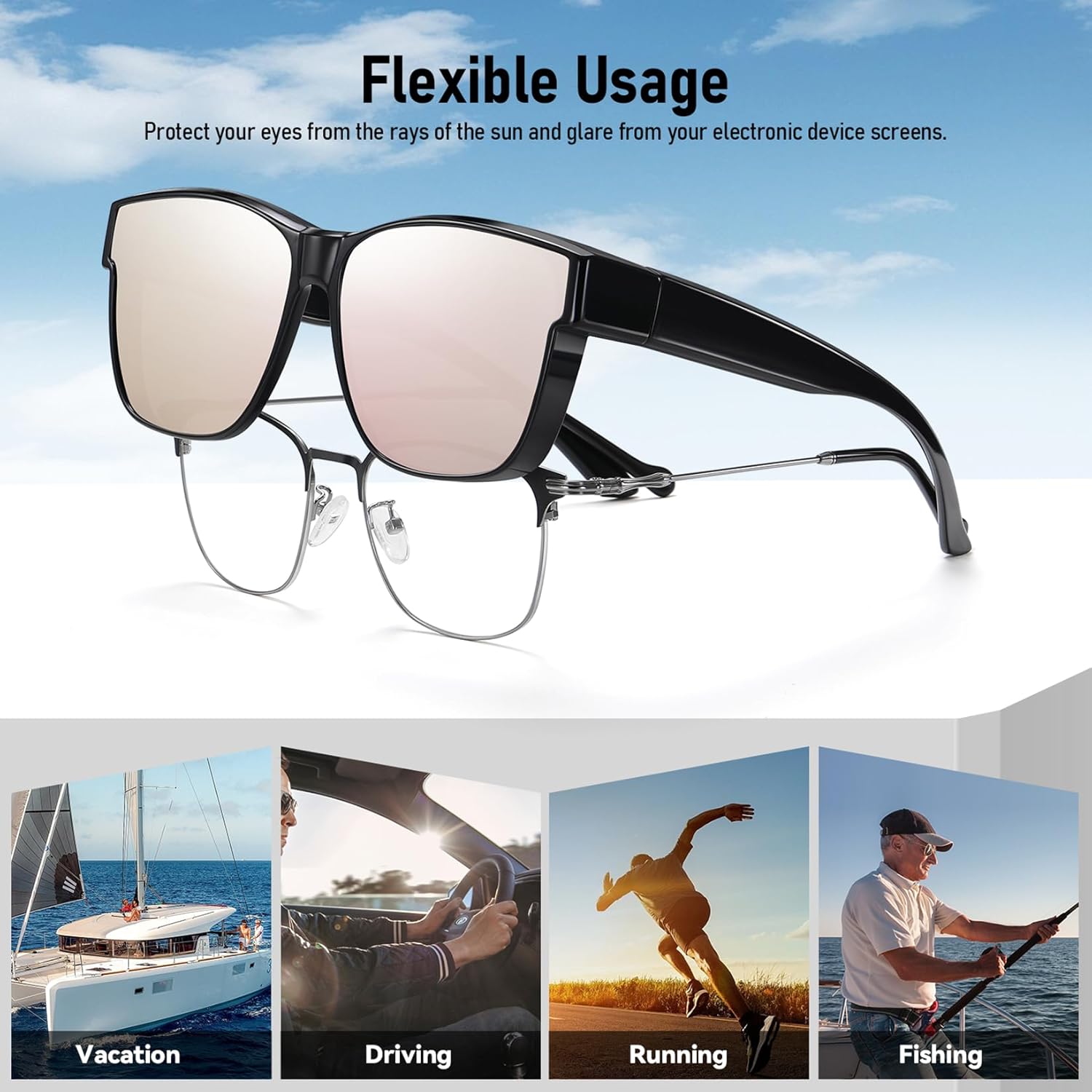 Over Glass Sunglasses for Men Women,Lightweight Square Polarized Sunglasses Wear Over Glasses,UV Protection - Image 6