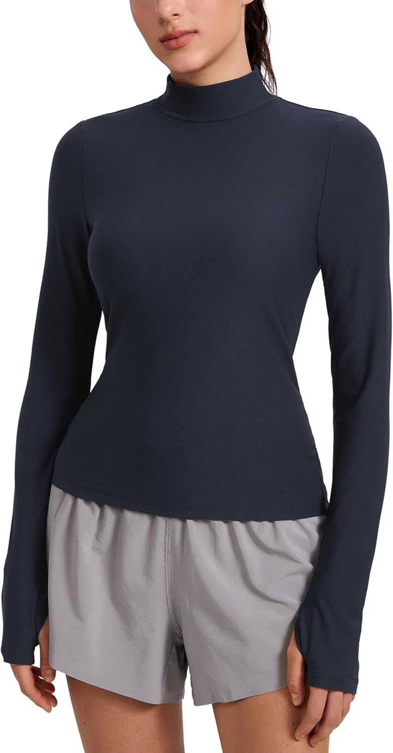 CRZ YOGA Cloudweight Mock Neck Shirts for Women - Workout Athletic Long Sleeve Tops Lightweight Soft Hip T-Shirt