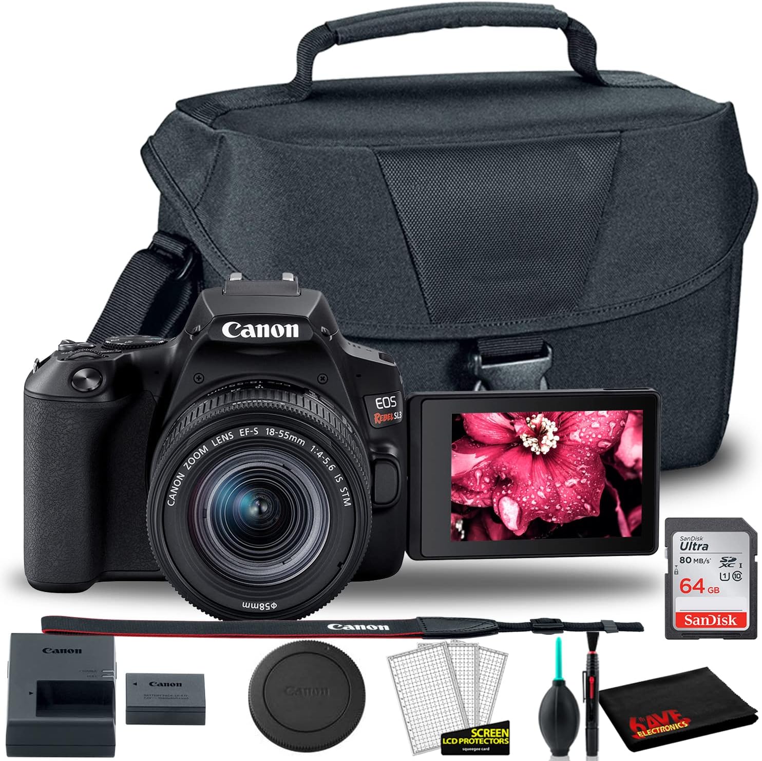 Canon EOS Rebel SL3 DSLR Camera with 18-55mm Lens (Black) + EOS Bag + Sandisk Ultra 64GB Card + Cleaning Set and More