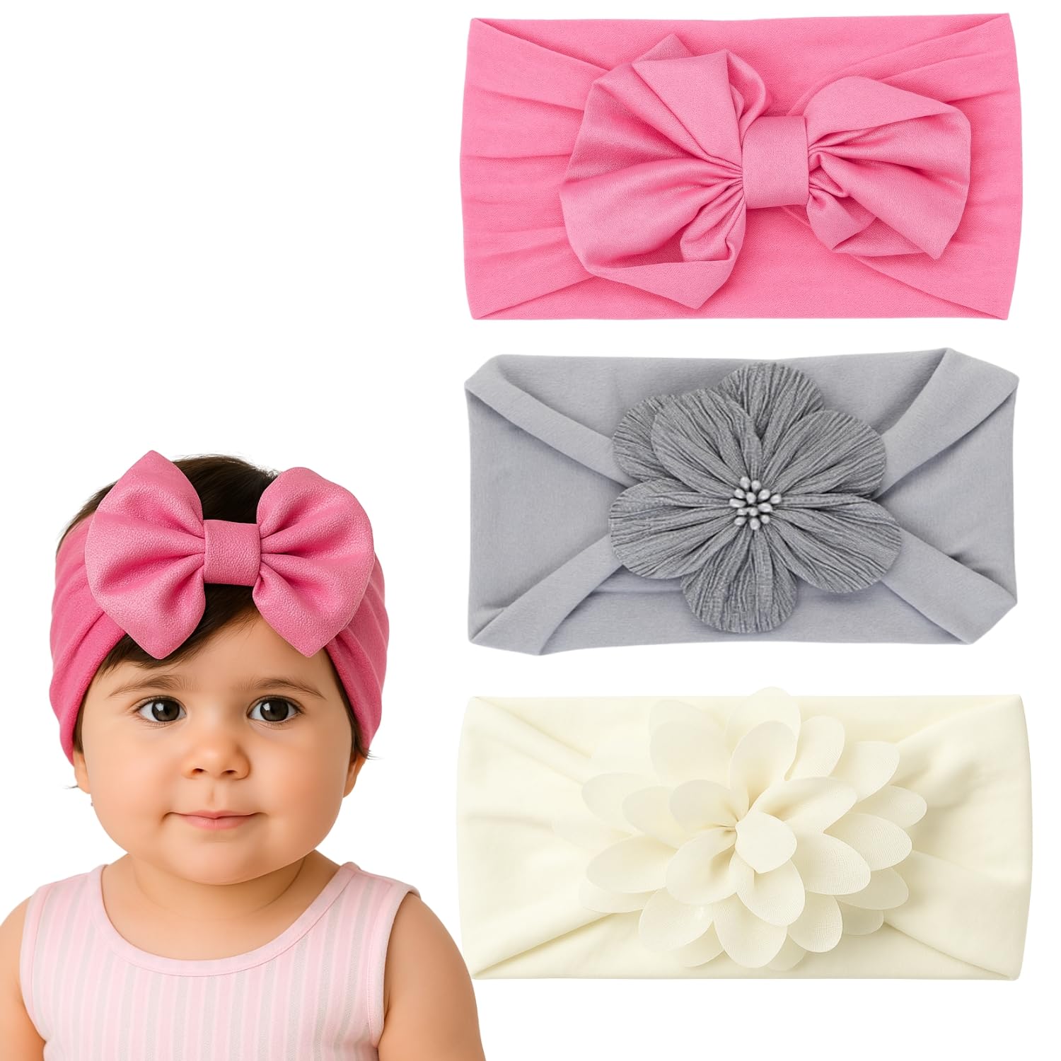 ANNA CREATIONS 3 Pcs Baby Headbands for Girls & Boys, Soft Stretchy Hair Bands with Bow Knot and Flower Design, Cute and Comfortable Hair Accessories for Newborn, Infant and Toddler Babies-image-32