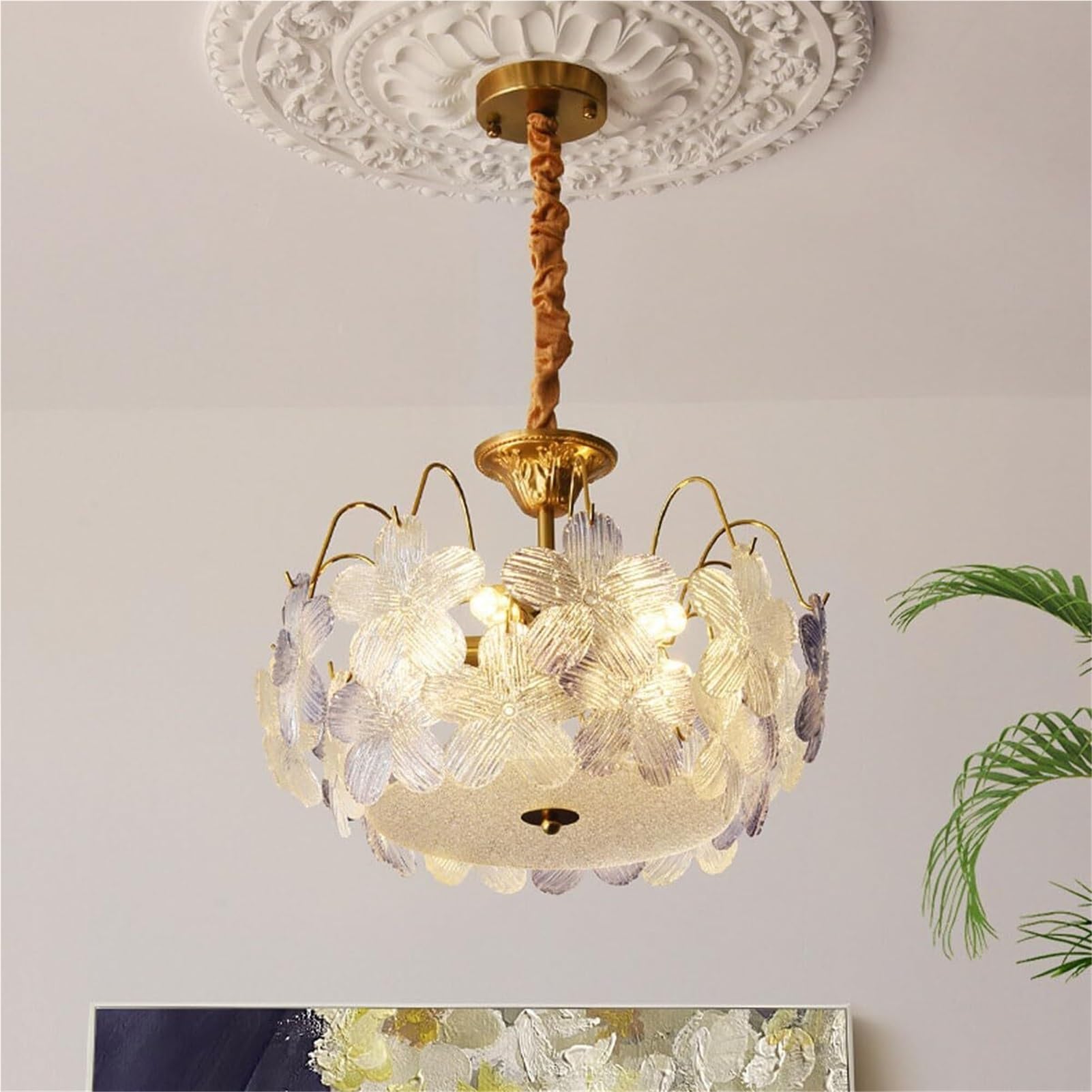 Flower Luxury Purple Glass Pendant Lamp Chandelier Hanging Lighting Ceiling Fixture Elegant For Dining Room Living Hallway Bedroom