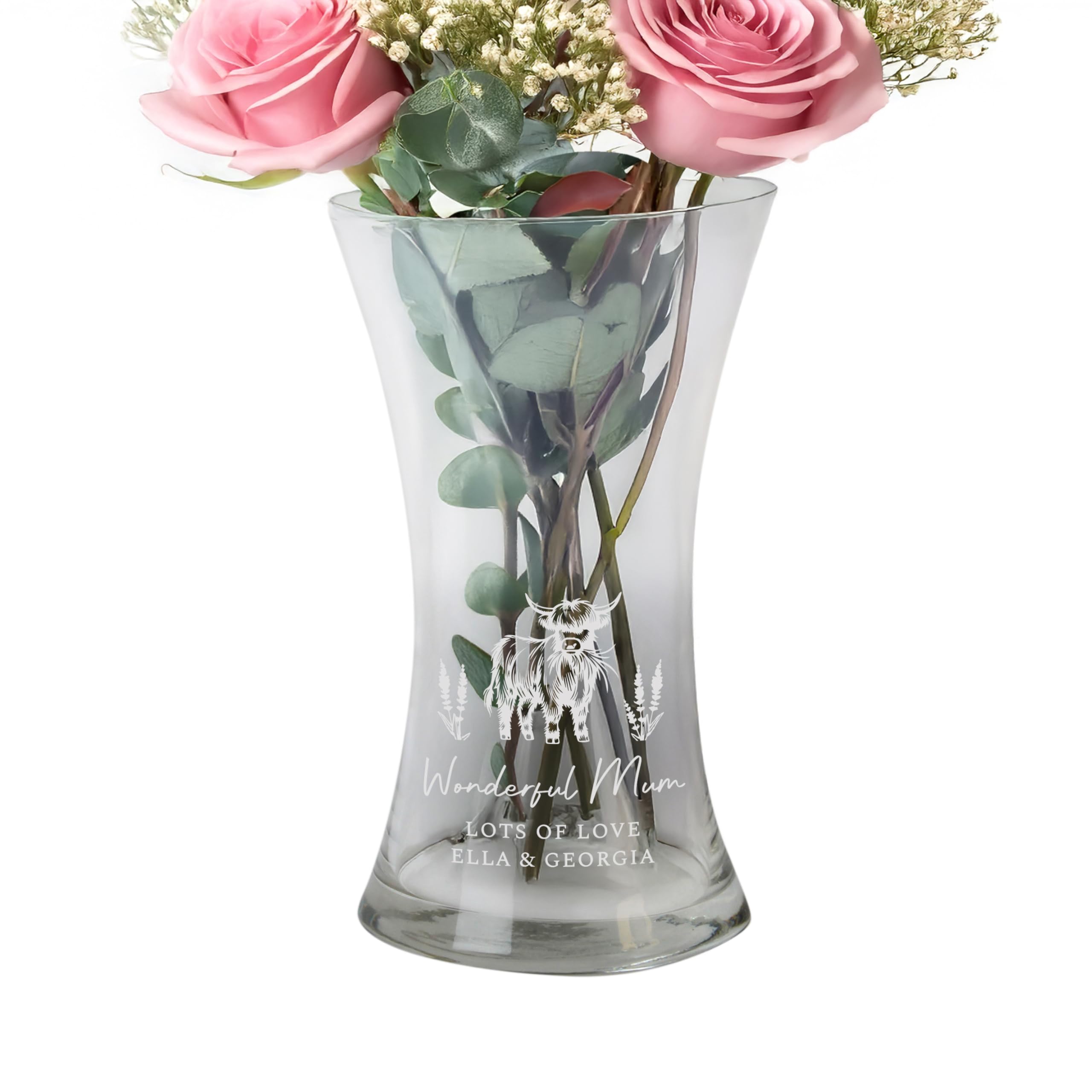 Caleli Gifts White Personalised Vase. Highland Cow Waisted Vase