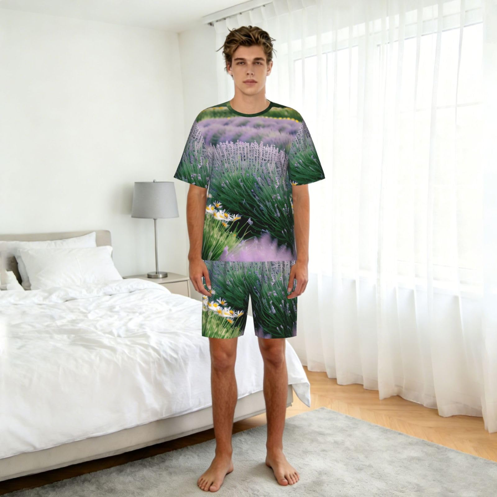 Lavanda E Daisy Stampa Uomo Manica Corta Pigiama Set Pigiameria Lounge Wear Soft Stretch Daily Nightwear