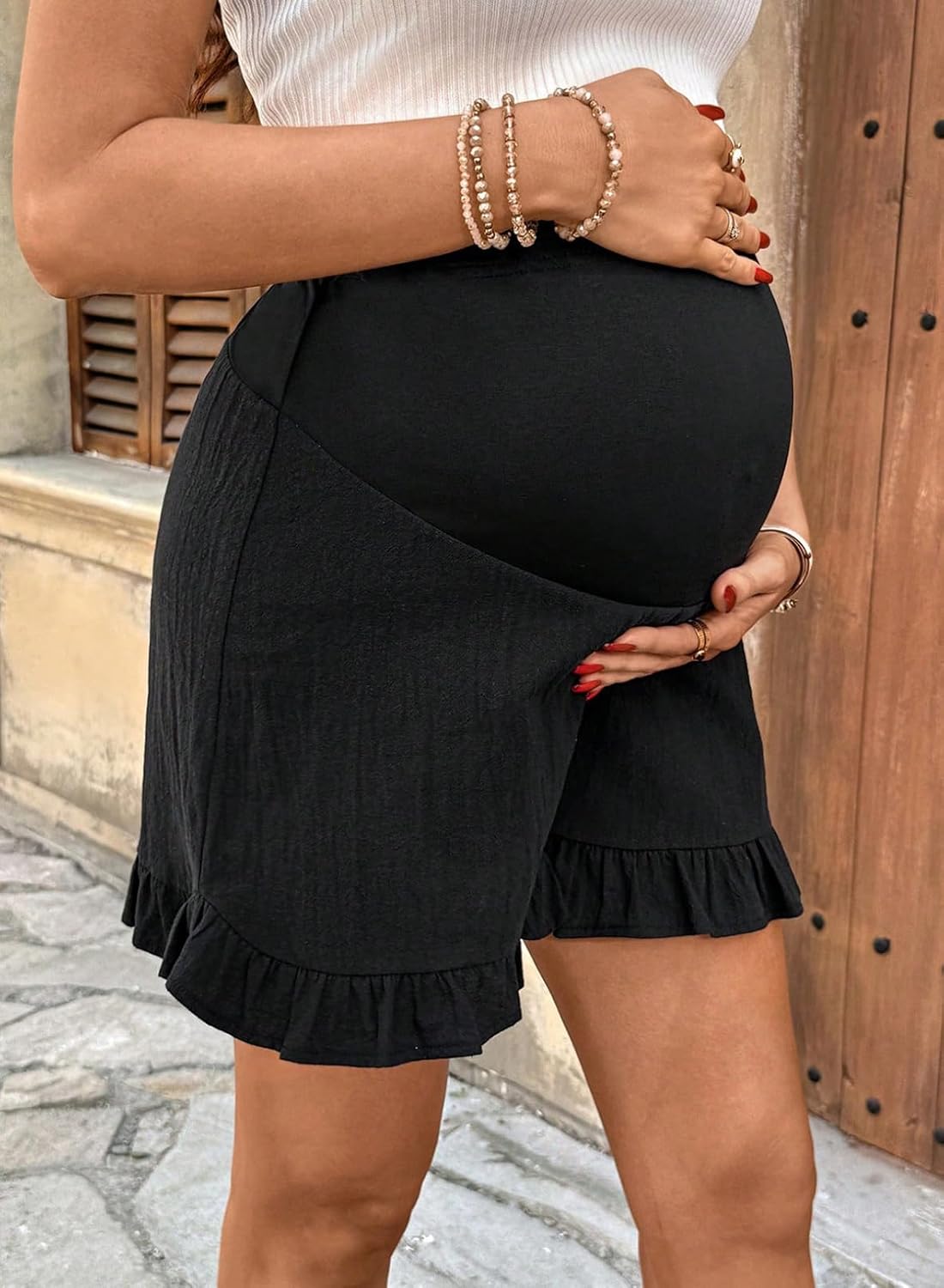 BLENCOT Maternity Shorts Over The Belly Ruffle Hem Stretchy Full Panel Pregnancy Postpartum Lounge Summer Casual