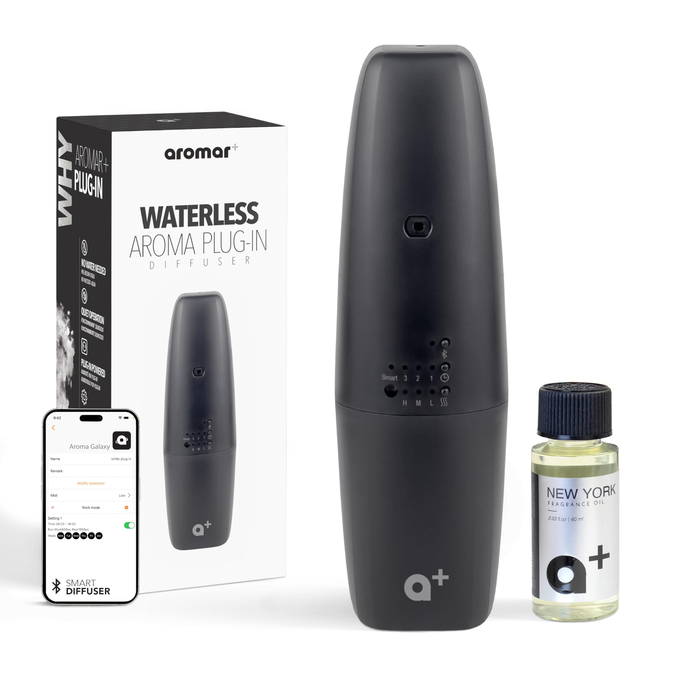 AROMAR Waterless Plug-in Aroma Diffuser - Cold-Air Essential Oil Machine, App-Controlled, Covers 500 Sq.Ft - 'New York' Scent Included - Perfect for Home, Office, & Business use - Black