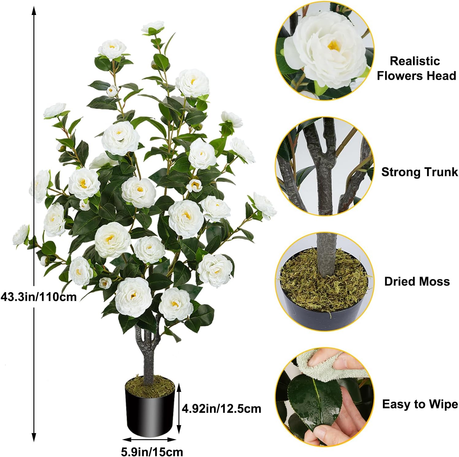43.3"/3.6FT Artificial Camellia Tree Fake Outdoor Tree with 32 Blooming Flowers White Tree for Summer Home Front Door Indoor Decor (Including Dried Moss)