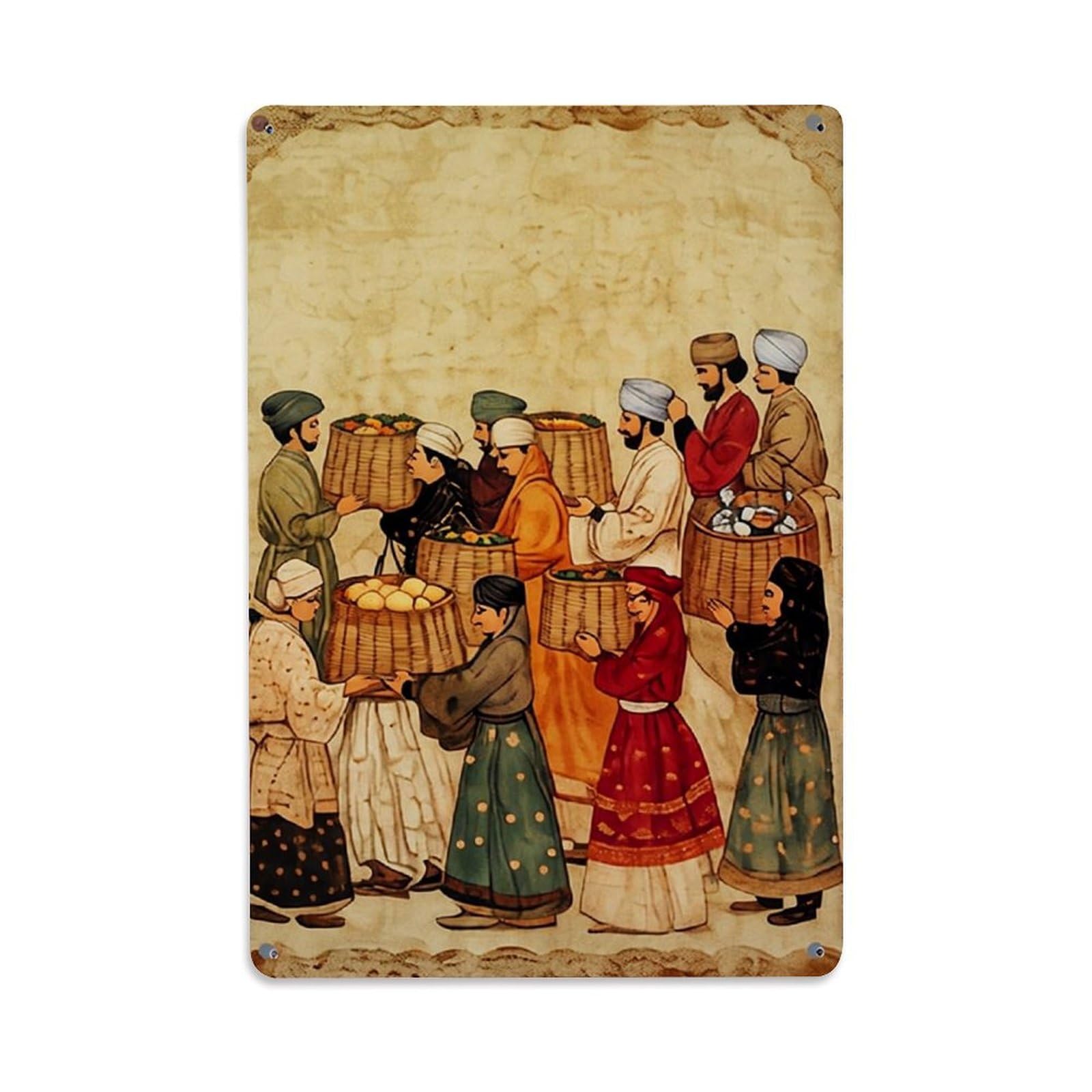 Jdfenggu Vintage Traditional Market Scene Illustration Retro Metal Tin Sign, Metal Poster For Bar, Home, Man Cave, Kitchen, Laundry Room Art Decor 8X12 Inch