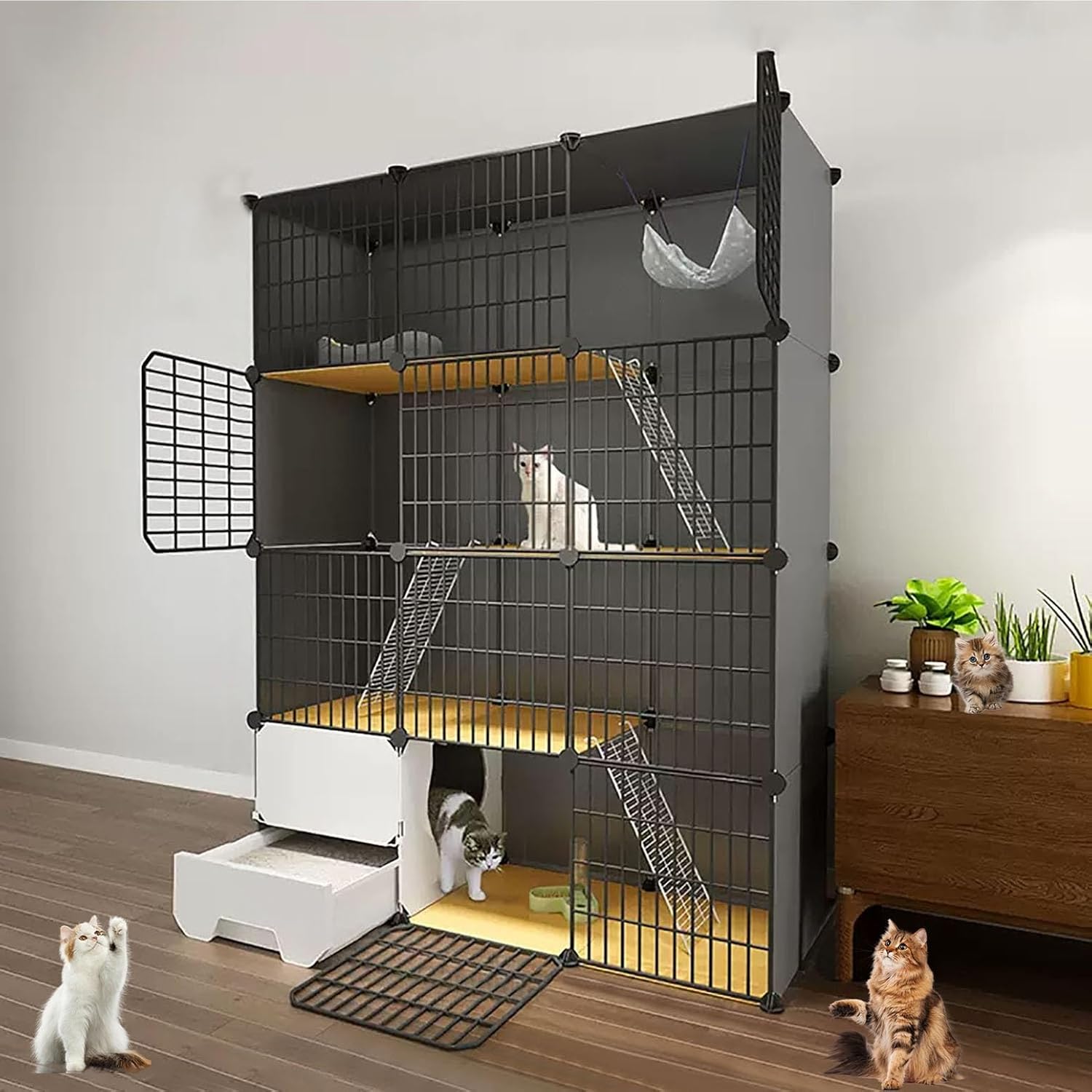Indoor Cat Cage Enclosure with Pull-Out Litter Box, Durable PVC & Metal Frame, Easy Clean Design, DIY Customizable Cat Habitat (Size: 111x39x146cm)