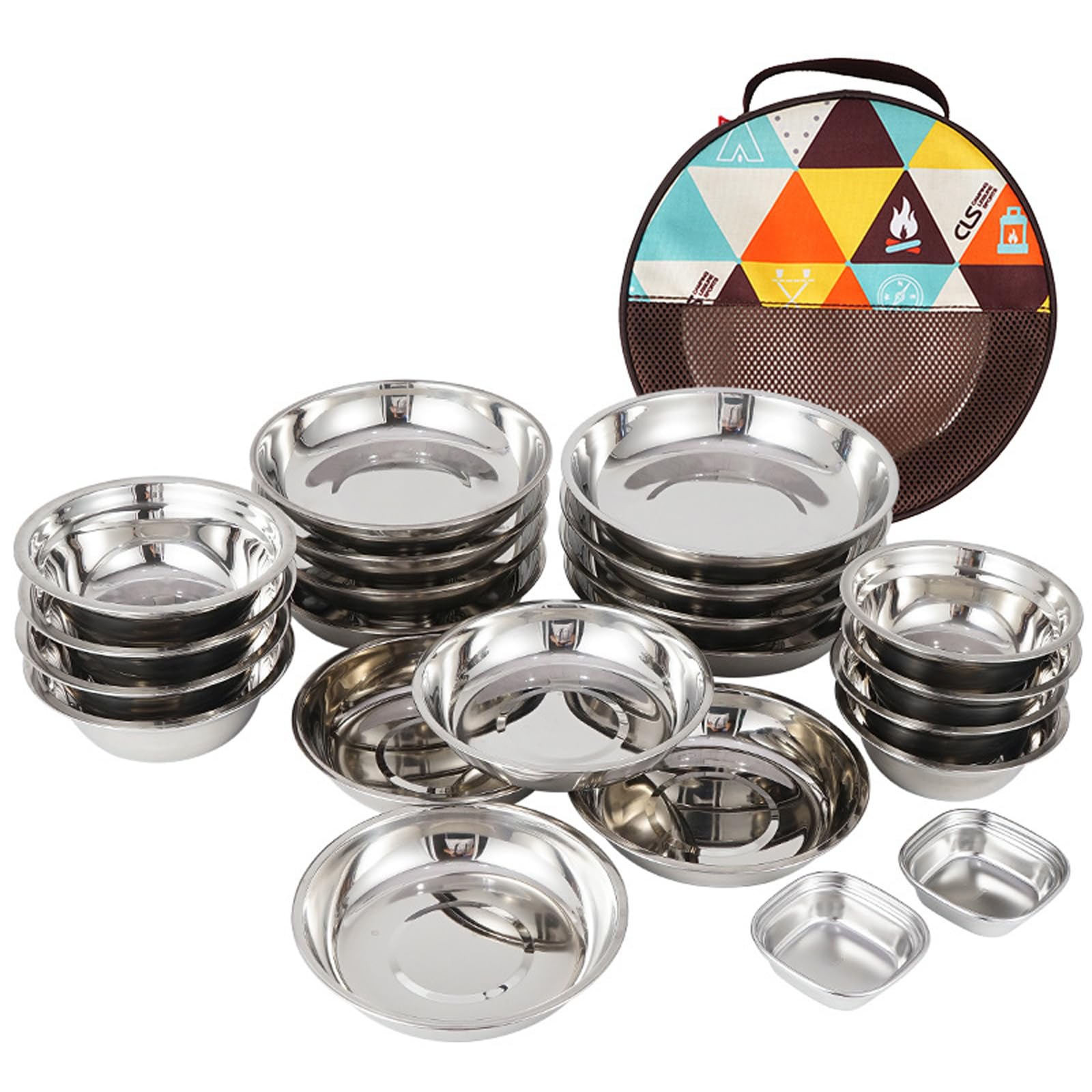 22 pezzi di set da campeggio in acciaio inox, set di stoviglie, confezione famiglia con ciotole, piatti, ciotole e borsa per il trasporto portatile, confezione leggera perfetta per campeggio, picnic