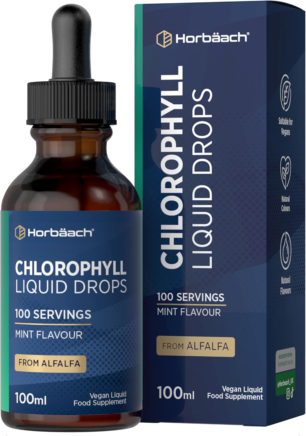 Liquid Chlorophyll Drops for Water Extracted from Alfalfa | 100ml – 3+ Months Supply | 100 Servings | Mint Flavour | Vegan Liquid Food Supplement | by Horbaach