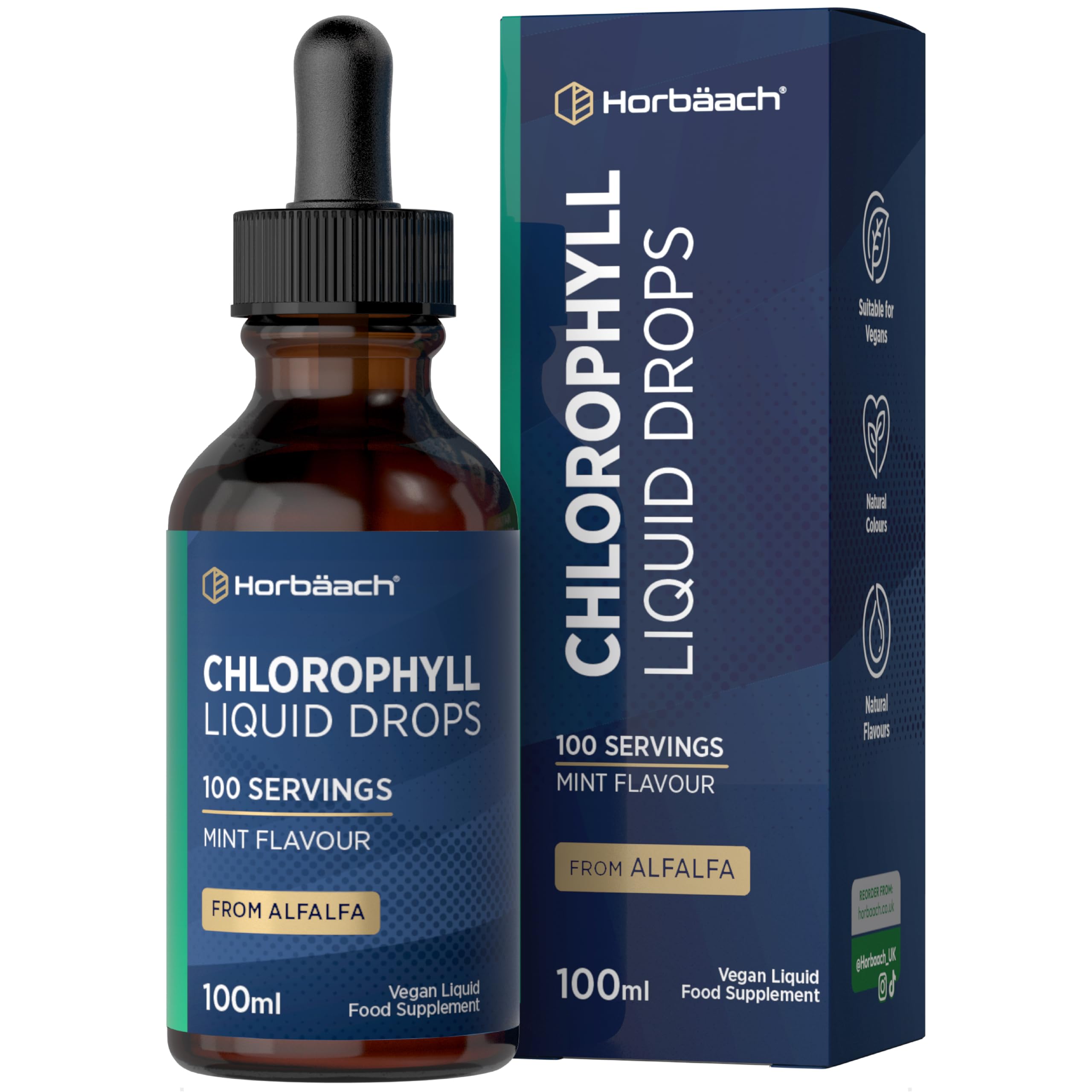 Liquid Chlorophyll Drops for Water Extracted from Alfalfa | 100ml - 3+ Months Supply | 100 Servings | Mint Flavour | Vegan Liquid Food Supplement | by Horbaach