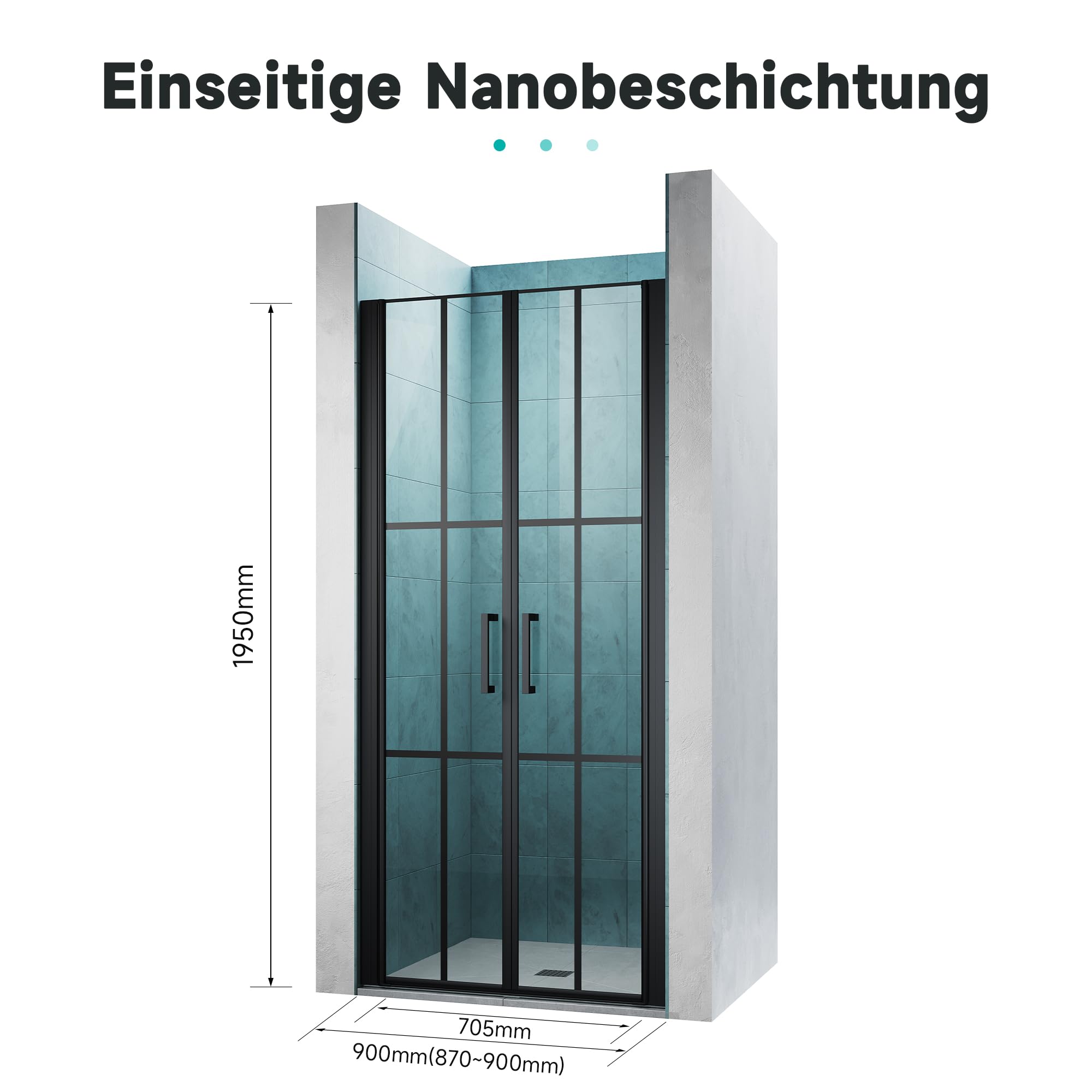 SONNI Duschtür 90x195CM gehärtetes Glas 5mm Doppelschiebetür Mattschwarzes Gitter Einseitige Nanobeschichtung Magnetische Dichtleiste