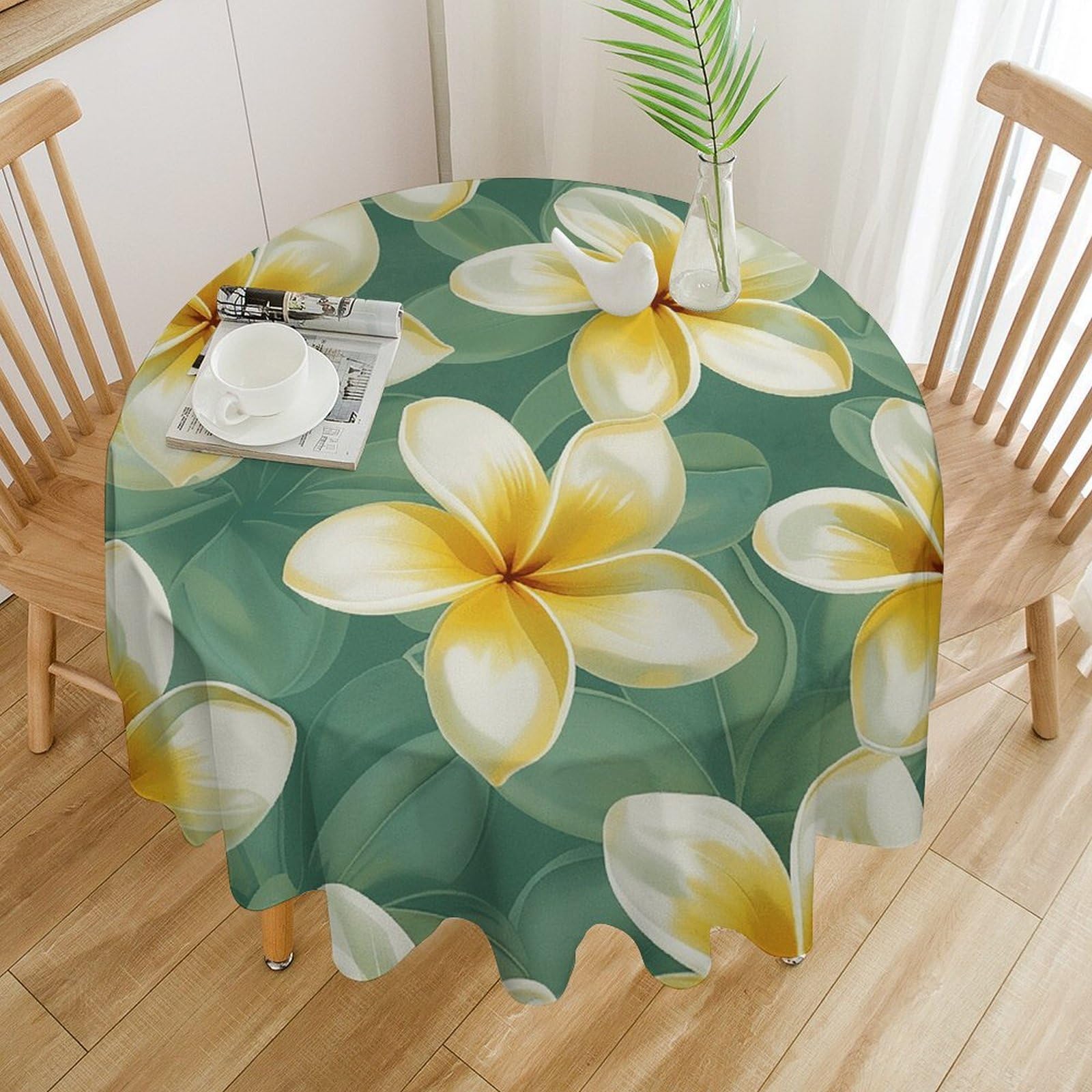 Nappe ronde imperméable 152cm motif plumeria blanc pour table de fête