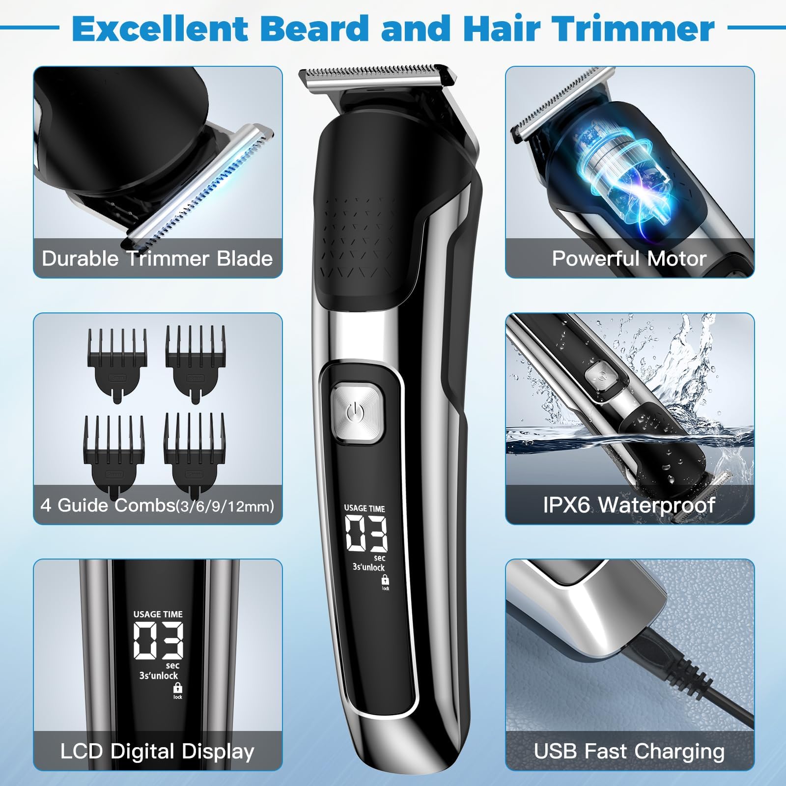 Barttrimmer Herren Haarschneidemaschine All-In-One Trimmer Bartschneider Nasenhaartrimmer Haarschneider, USB Wiederaufladbar Rasierer Elektrisch mit 4 Scherköpfe 5 Einsteckkämme