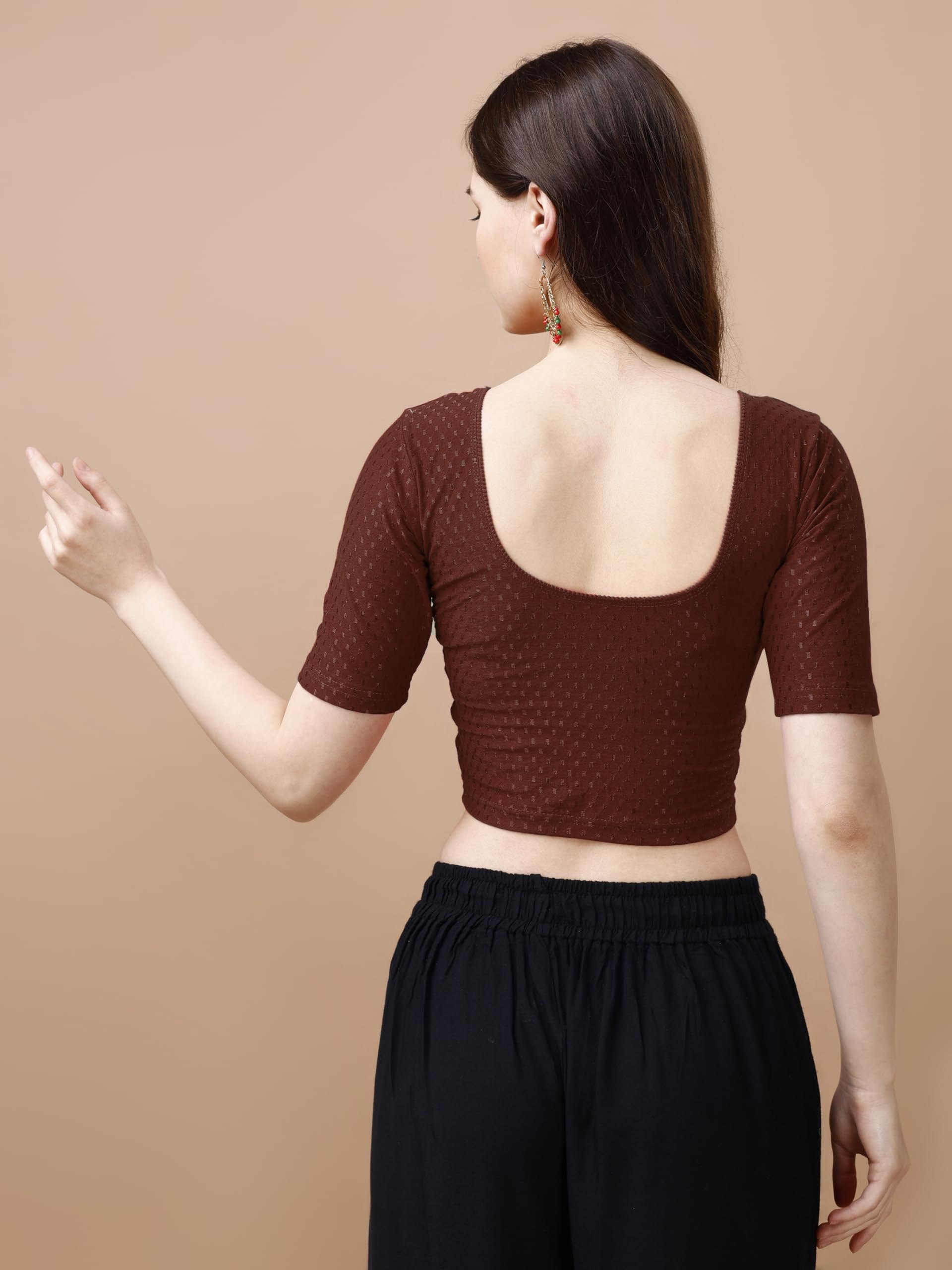 Pujia Mills Women's Readymade Dobby Cotton Lycra Stretchable Round Neck Half Sleeve Blouse Fancy Brown Color Lycra Stretchable Blouse For Women Stylish Readymade Saree Blouse