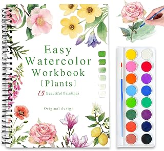 Terself Watercolor Workbook for Beginners & Adults: 16 Colors Paint Set, 15 Plant Designs, Step-by-Step Guide